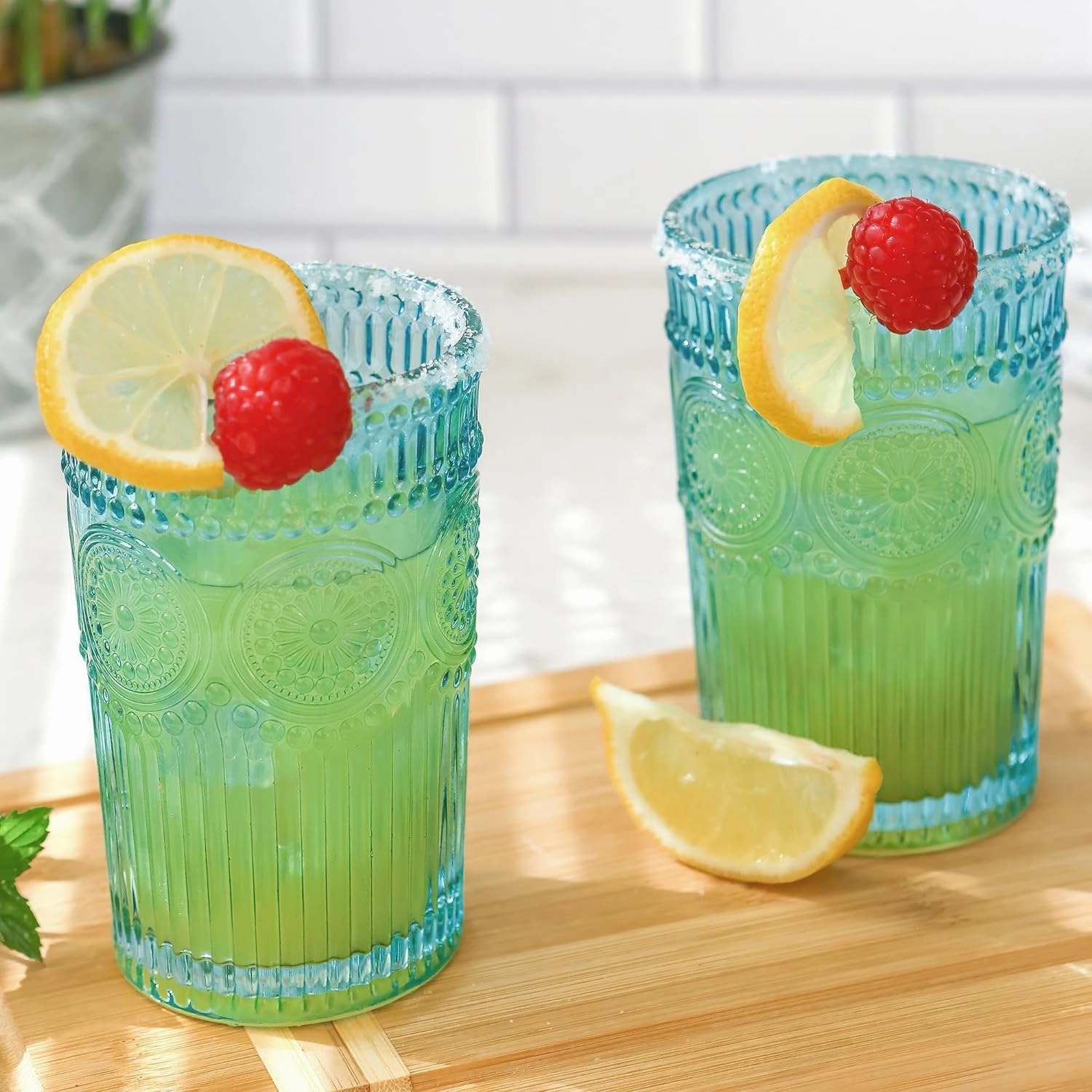 Vintage Textured Aqua Blue Striped Drinking Glasses Set of 6-13 oz Ribbed Glassware with Flower Design | Cocktail Set, Juice Glass, Water Tumbler