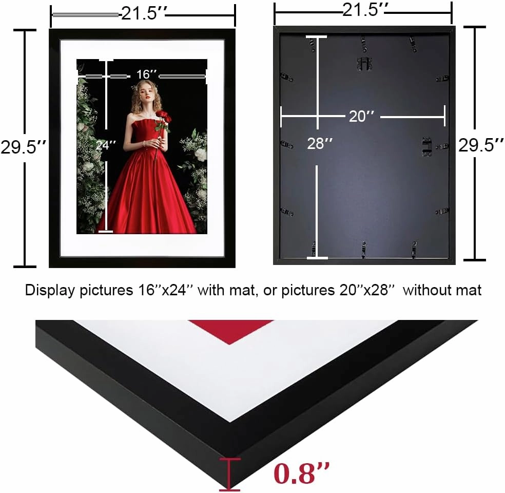 VNVNK 20x28 Frame Black, Display 20x28 Inch Picture without Mat Or 16x24 Inch Picture with Mat,Photo Poster Picture Frames for Wall Display - Set of 1