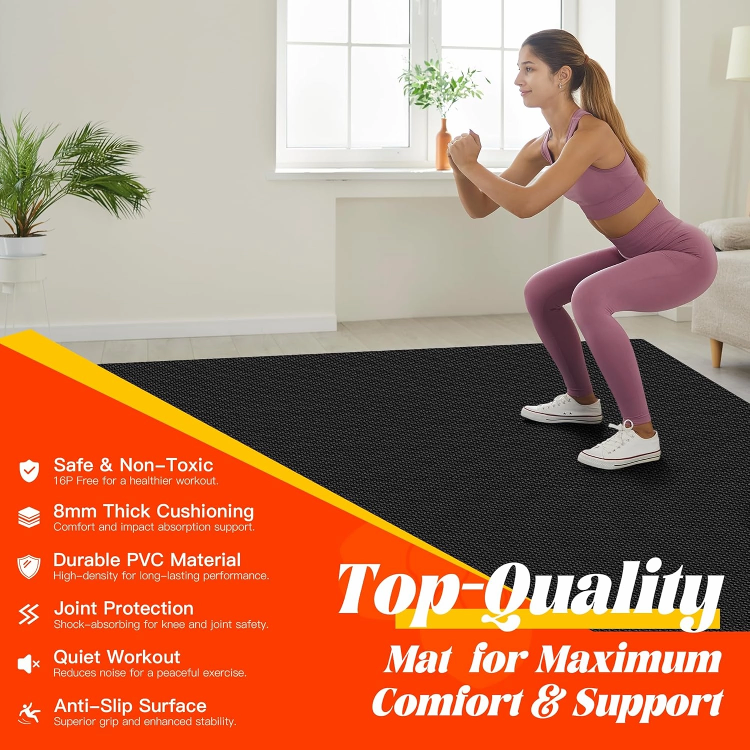 VTORY 8mm Large Exercise Mat, 6'x4'/7'x5'/8'x6'/10'x6', Extra Large Wide Yoga Mat, Non-Slip, Shock-Absorbing Workout Mat for Home Gym, Cardio, Strength, HIIT, MMA