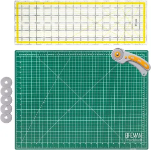 WA Portman Self Healing Cutting Mat & Rotary Cutter Set - 45mm Rotary Cutter for Fabric & 5 Extra Blades - 18x24 Inch Fabric Cutting Mats for Crafts - 6x24 Inch Acrylic Quilting Rulers for Crafting