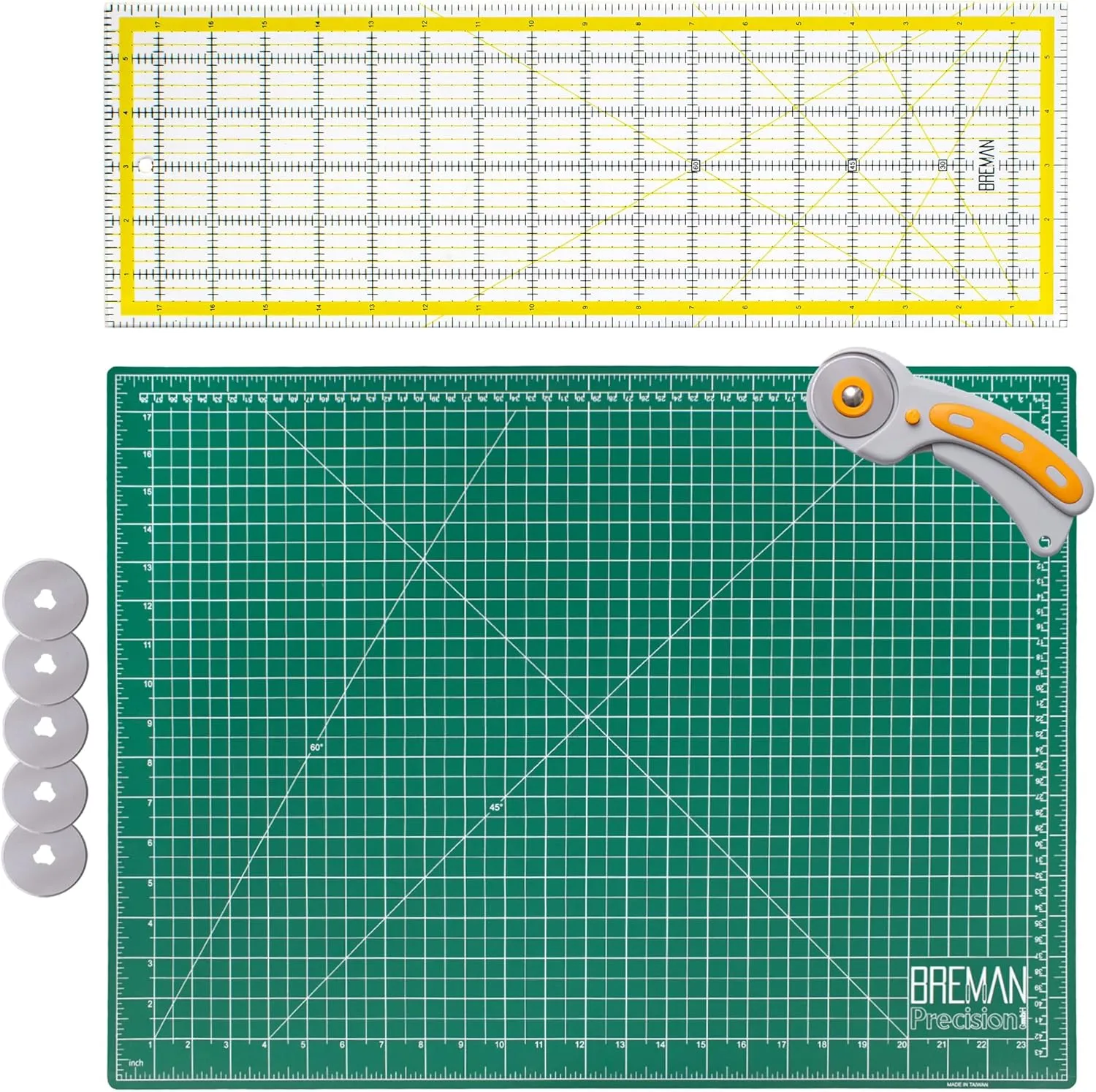 WA Portman Self Healing Cutting Mat & Rotary Cutter Set - 45mm Rotary Cutter for Fabric & 5 Extra Blades - 18x24 Inch Fabric Cutting Mats for Crafts - 6x24 Inch Acrylic Quilting Rulers for Crafting