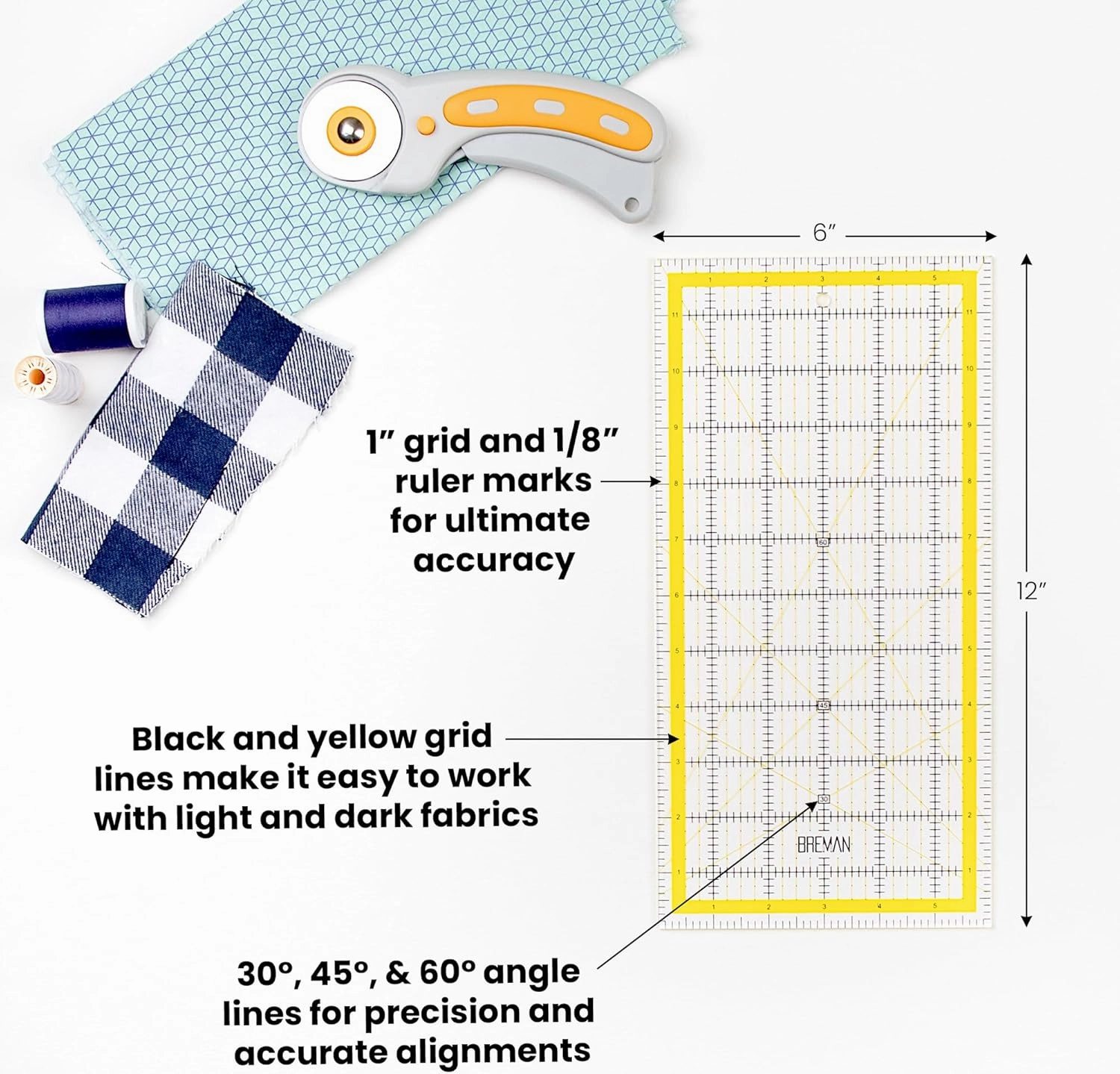 WA Portman Rotary Cutter Set & Sewing Cutting Mat - 45mm Rotary Cutter for Fabric & 5 Blades - 9x12 Inch Fabric Cutting Mat - 6x12 Inch Quilting Ruler
