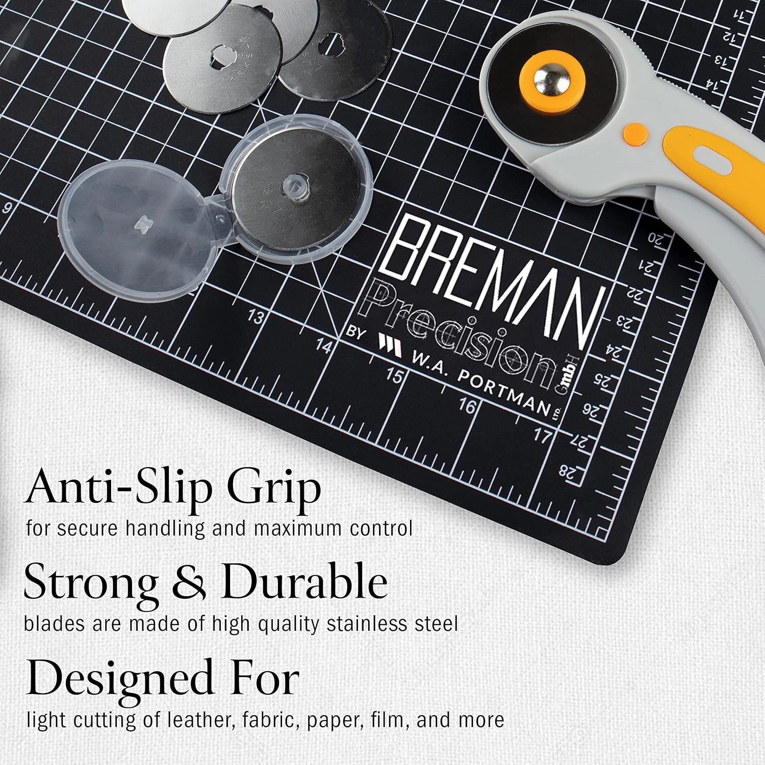 WA Portman Self Healing Cutting Mat & Rotary Cutter for Fabric Set - 12x18 Inch Rotary Sewing Cutting Mat - 5pc 45mm Rotating Cutter Fabric Blades
