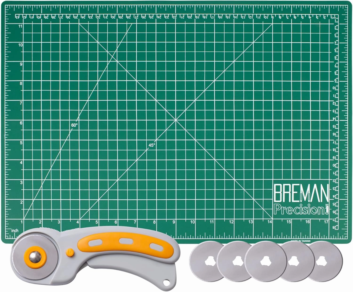 WA Portman Self Healing Cutting Mat & Rotary Cutter for Fabric Set - 12x18 Inch Rotary Sewing Cutting Mat - 5pc 45mm Rotating Cutter Fabric Blades