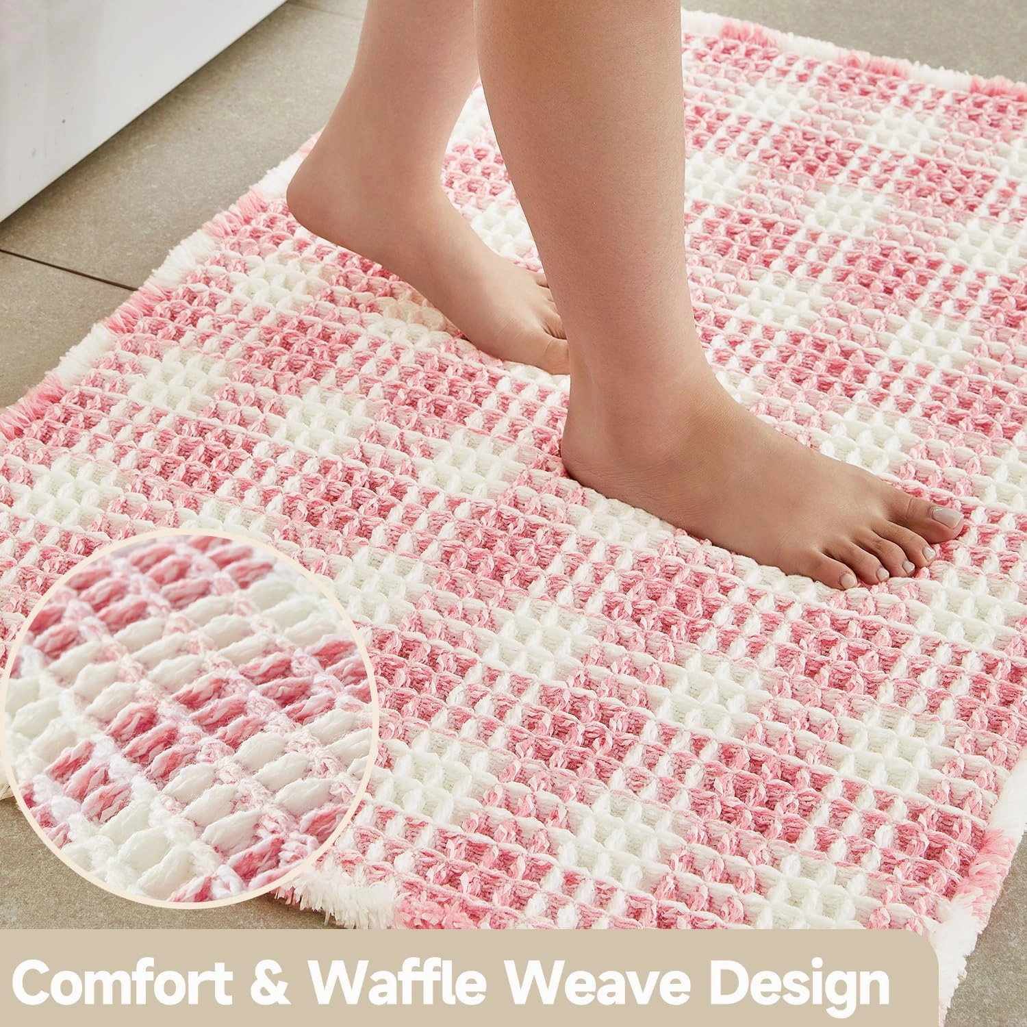 Waffle Bath Mat, Boho Bathroom Rugs Non Slip Washable Absorbent Checkered Bathroom Mat Quick Dry Cute Bath Mat, 30"x20" Pink and White