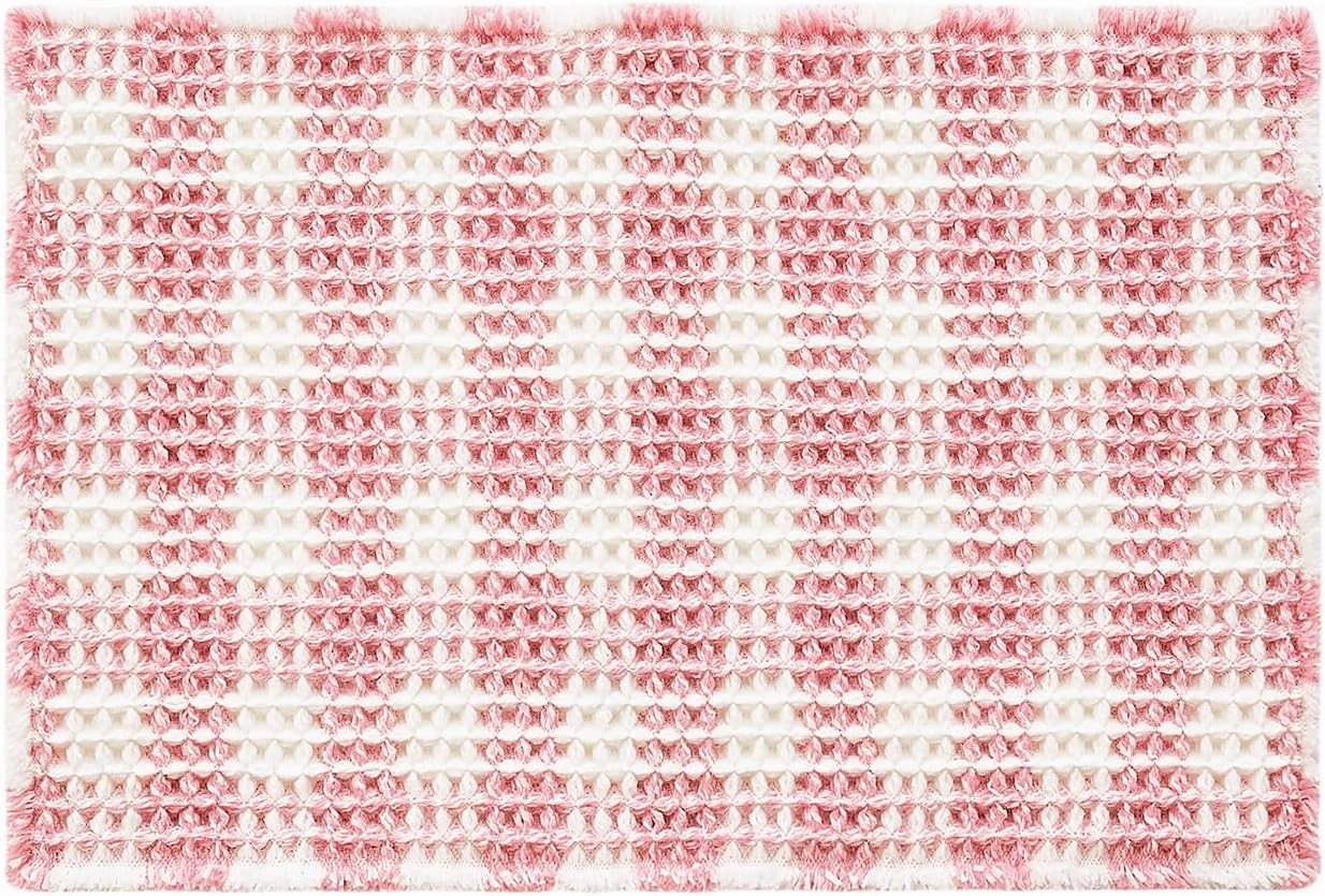 Waffle Bath Mat, Boho Bathroom Rugs Non Slip Washable Absorbent Checkered Bathroom Mat Quick Dry Cute Bath Mat, 30"x20" Pink and White