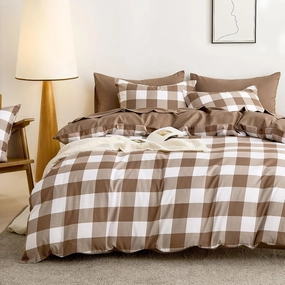 Wake In Cloud - Gingham Comforter Set, Plaid Buffalo Check Checkered Cottagecore Cute Geometric, Soft Lightweight Bedding, 3 Pieces, Brown Taupe White, Twin/Twin XL Size