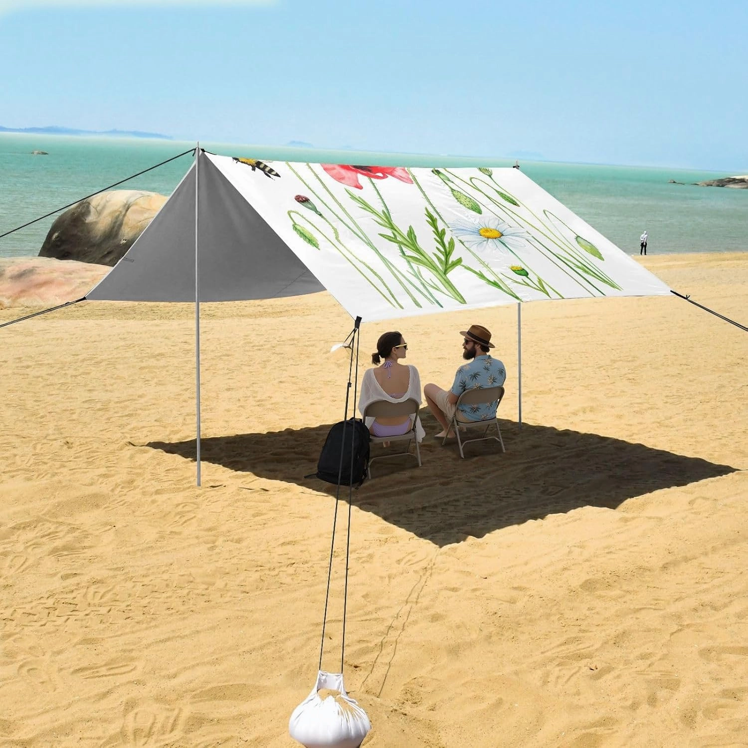 Watercolor Wildflowers Bee White Beach Canopy Tent 9.2 × 10.5 FT Outdoor Sun Shade Patio Funny Shelters Sand Camping Sun Shelter with Sandbags Anchor