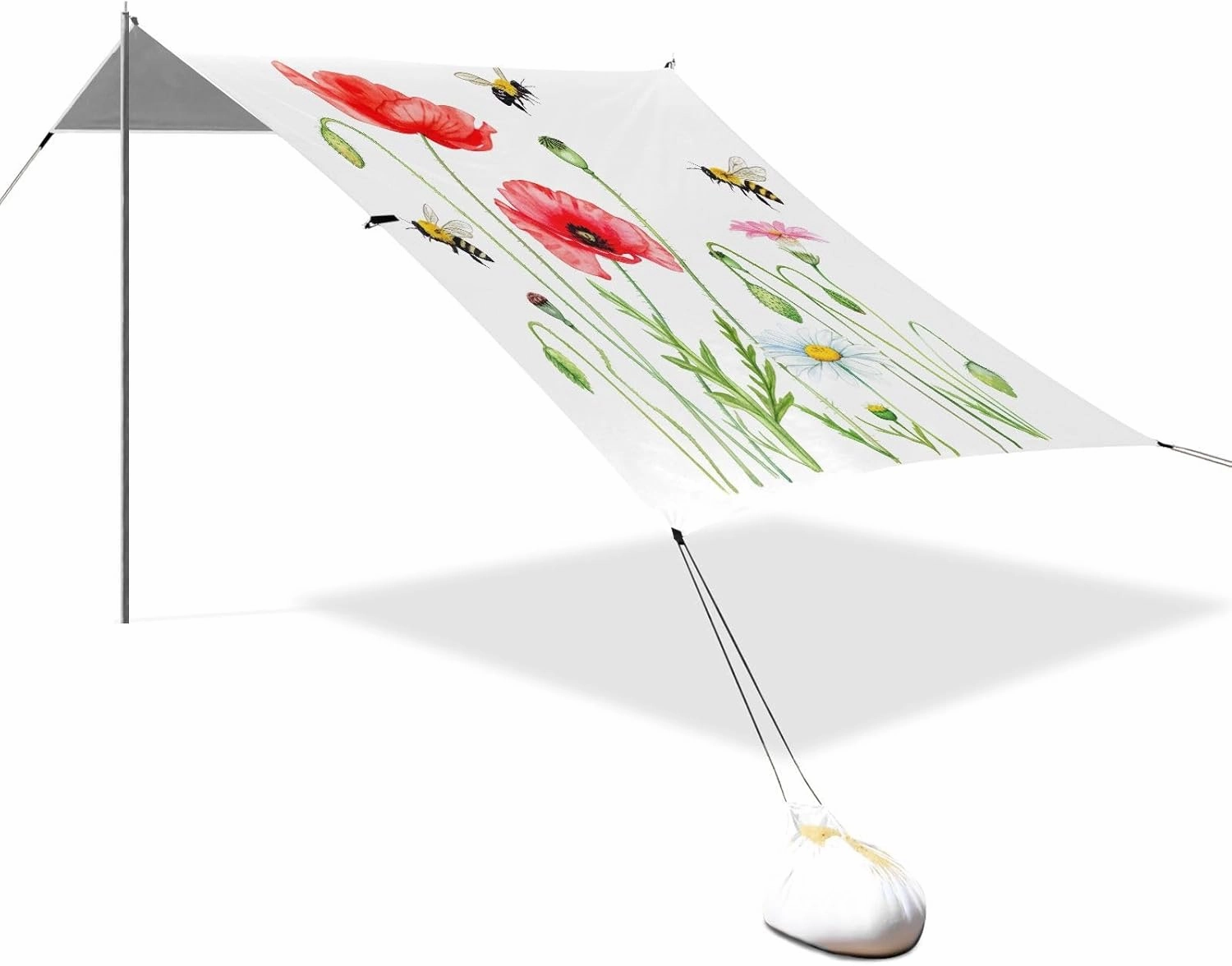Watercolor Wildflowers Bee White Beach Canopy Tent 9.2 × 10.5 FT Outdoor Sun Shade Patio Funny Shelters Sand Camping Sun Shelter with Sandbags Anchor