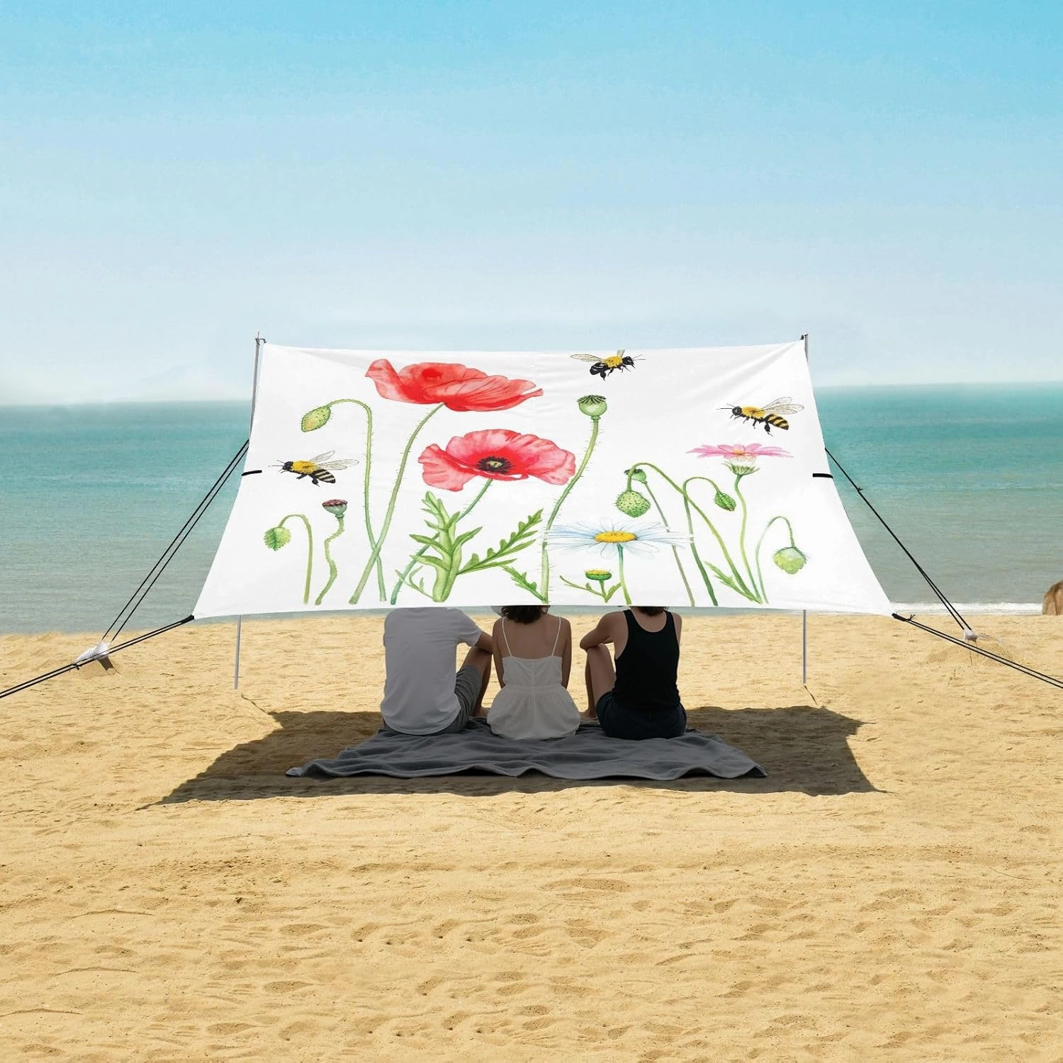 Watercolor Wildflowers Bee White Beach Canopy Tent 9.2 × 10.5 FT Outdoor Sun Shade Patio Funny Shelters Sand Camping Sun Shelter with Sandbags Anchor