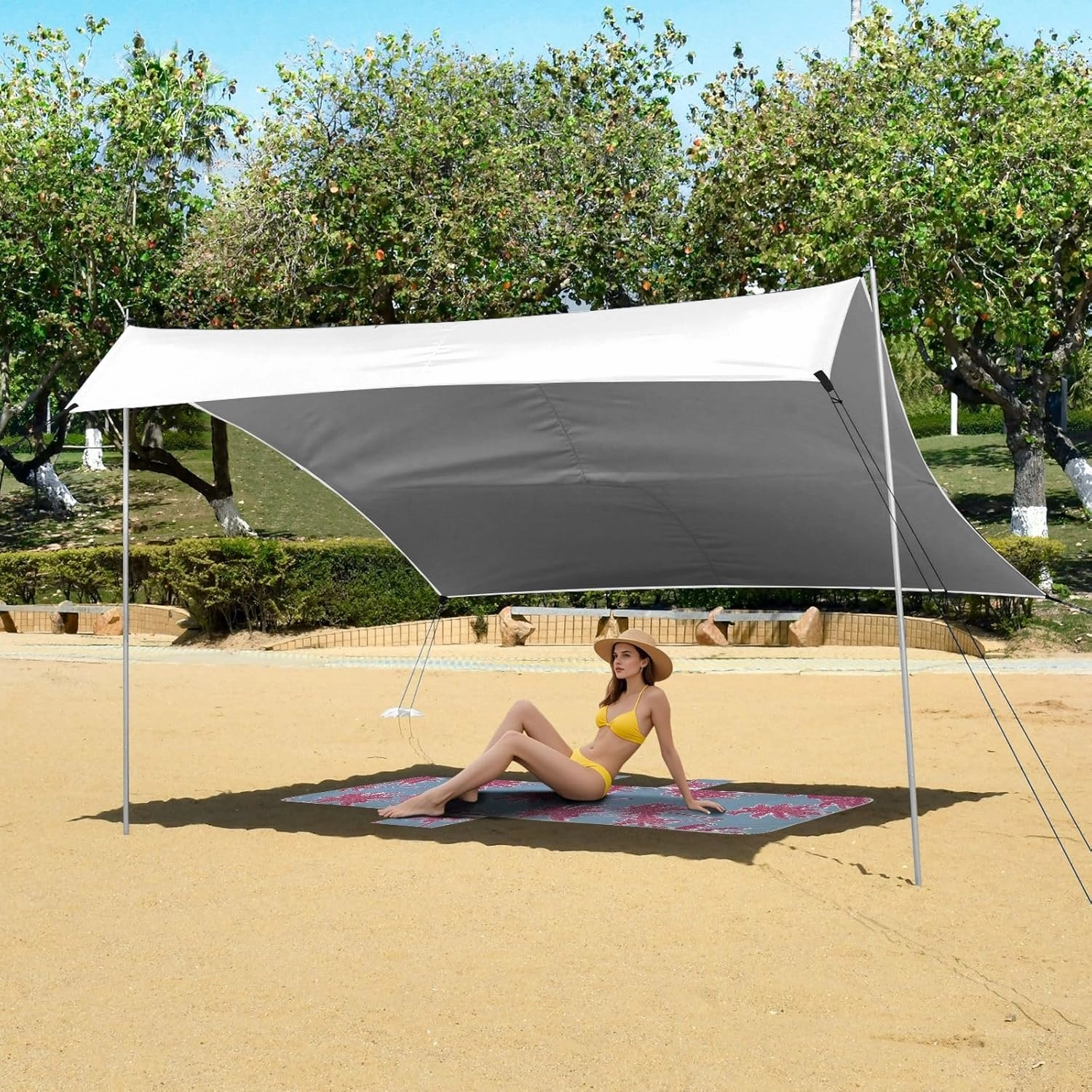 Watercolor Wildflowers Bee White Beach Canopy Tent 9.2 × 10.5 FT Outdoor Sun Shade Patio Funny Shelters Sand Camping Sun Shelter with Sandbags Anchor