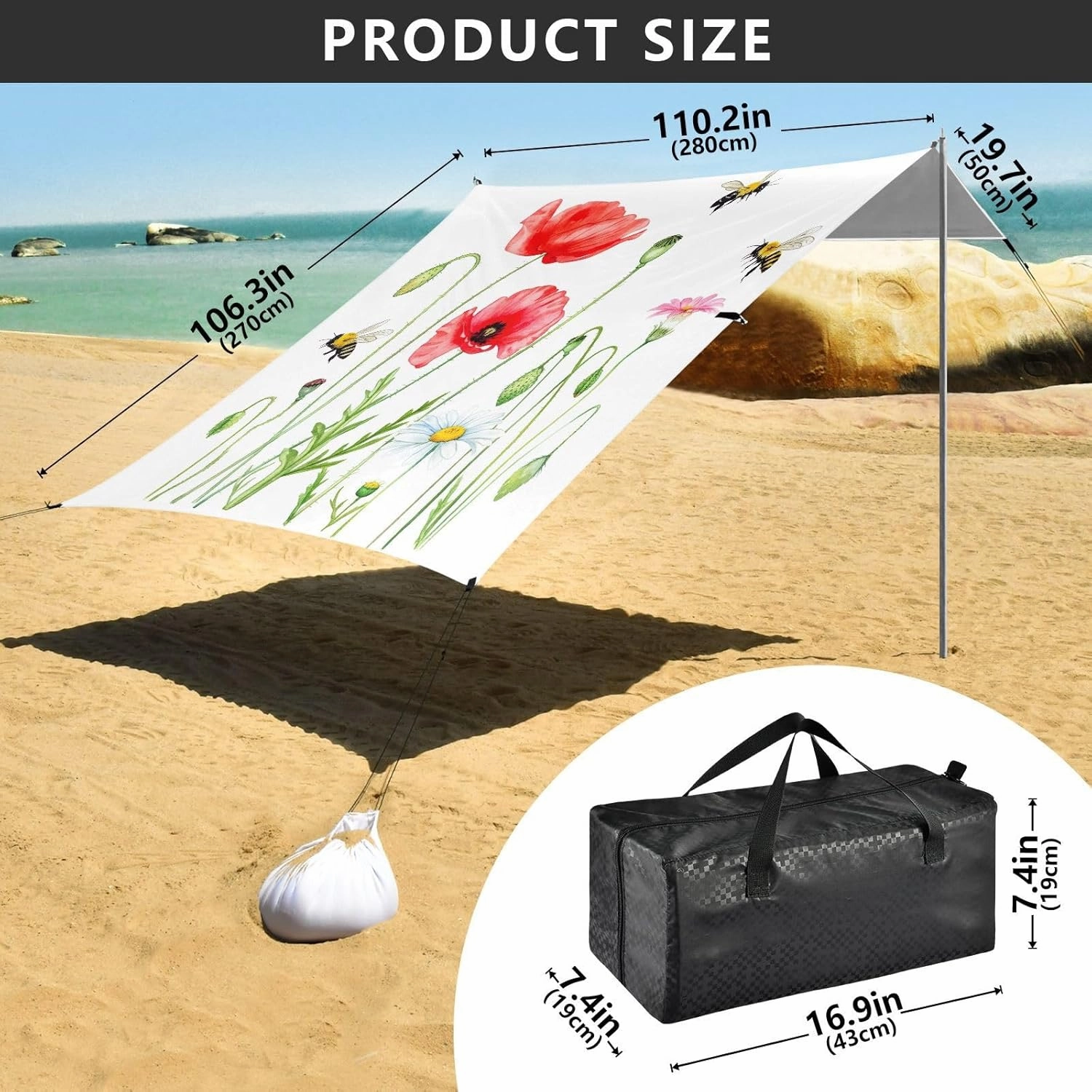 Watercolor Wildflowers Bee White Beach Canopy Tent 9.2 × 10.5 FT Outdoor Sun Shade Patio Funny Shelters Sand Camping Sun Shelter with Sandbags Anchor