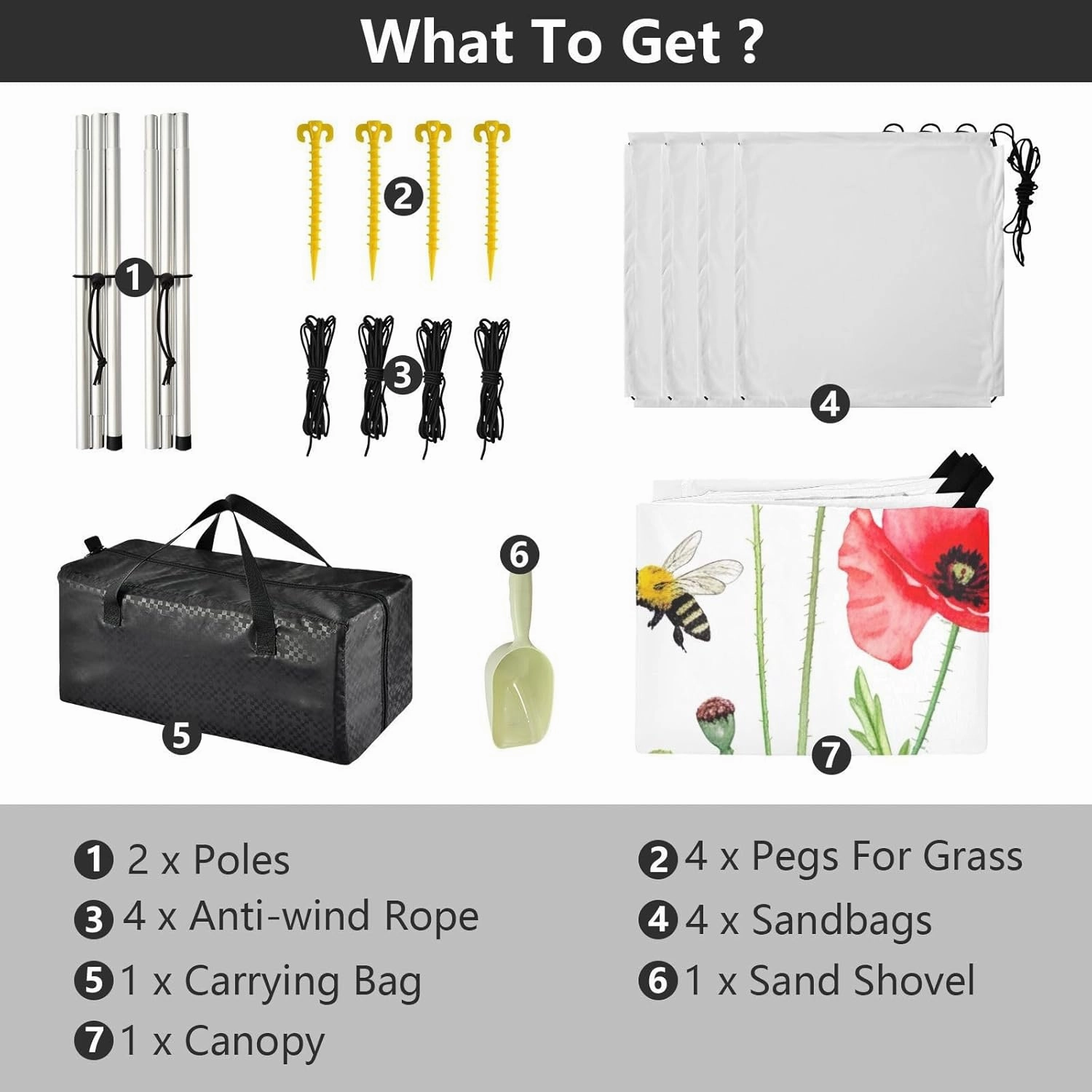 Watercolor Wildflowers Bee White Beach Canopy Tent 9.2 × 10.5 FT Outdoor Sun Shade Patio Funny Shelters Sand Camping Sun Shelter with Sandbags Anchor