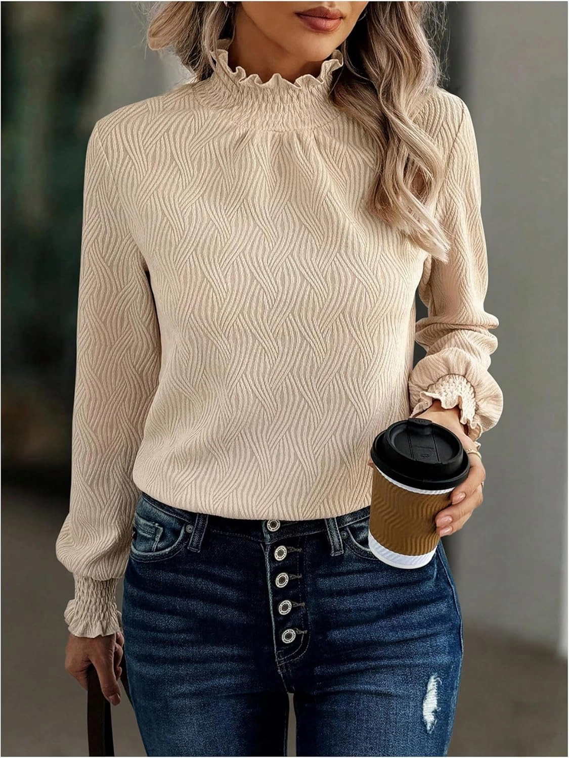 WDIRARA Women's Lace Eyelet Blouse Frill Mock Neck Vintage Top Lantern Long Sleeve Elegant Tops