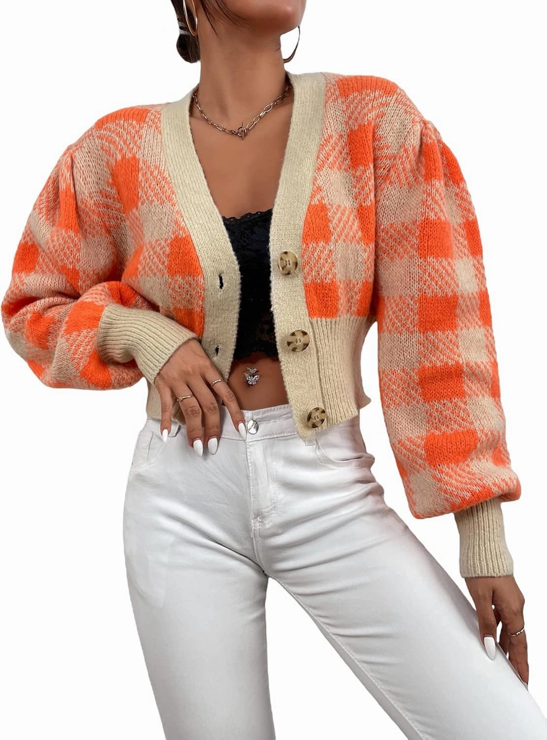 WDIRARA Women's Long Sleeve Button Front V Neck Casual Crop Cardigan Sweater
