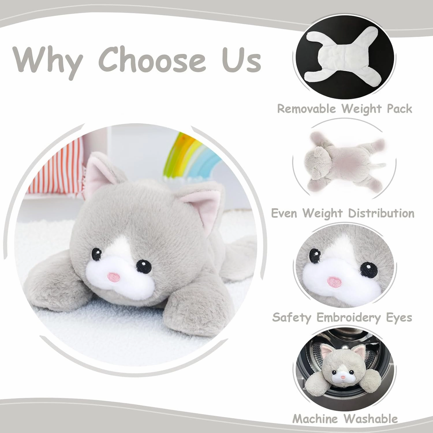 Weighted Cat Stuffed Animal Plush Toy with Embroidered Eyes and Removable Weight Pack - 28 Inches, 5 lbs for Kids and Adults