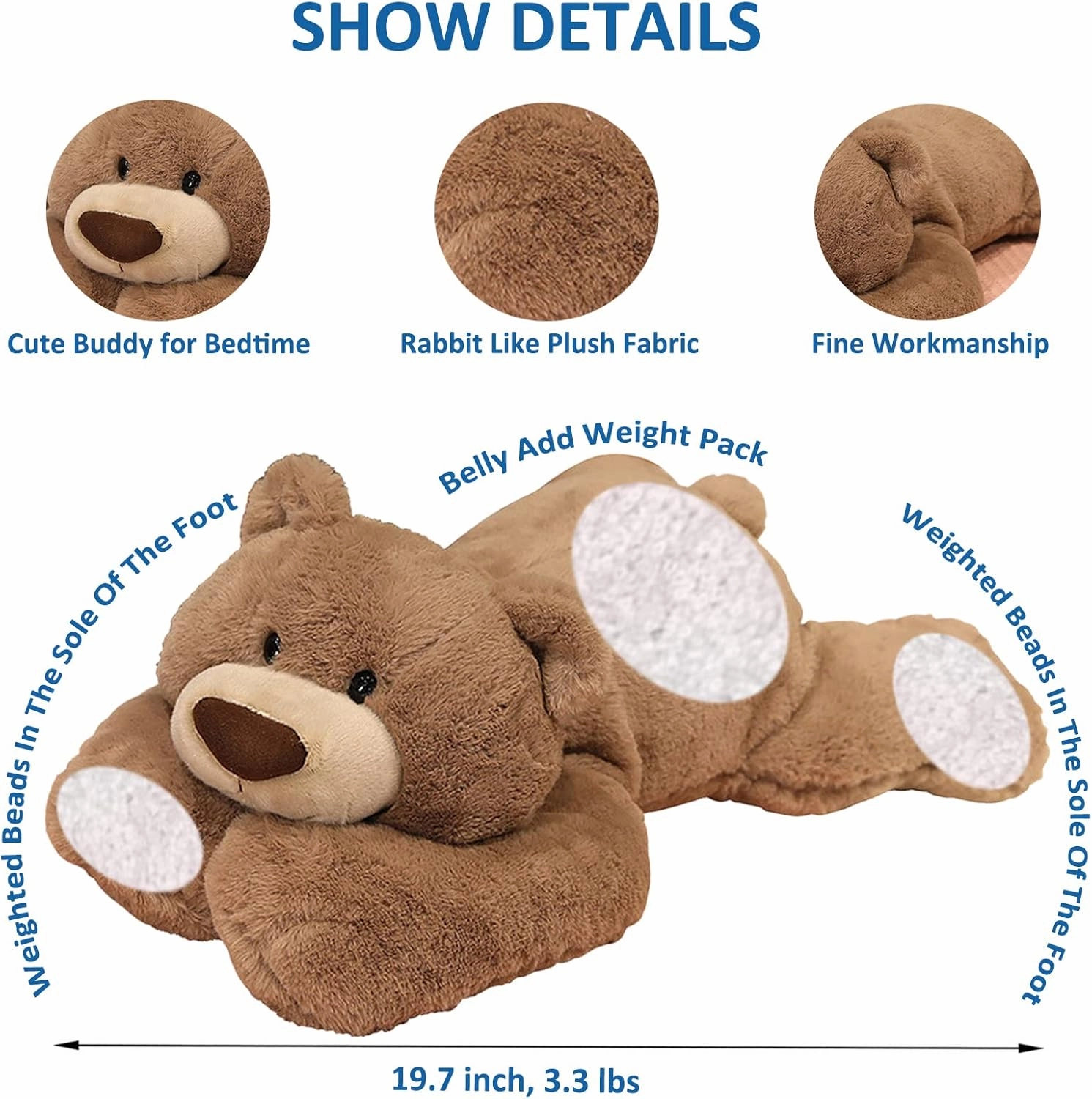 Weighted Stuffed Animals, 19.7" 3.3lbs Weighted Bear Stuffed Animal Toy Cute Brown Bear Plush Pillow Weighted Plush Animals Toy