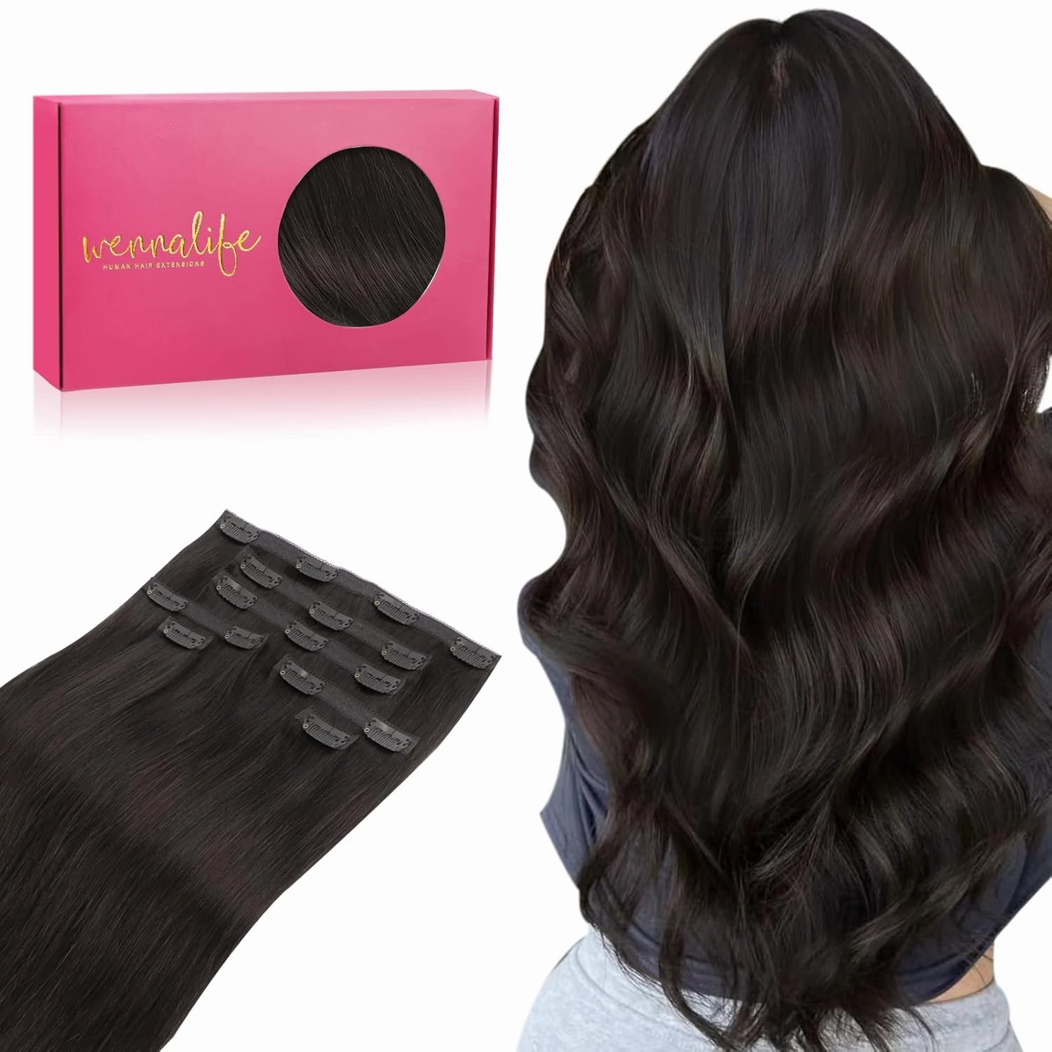 WENNALIFE Genius Seamless Clip-in Hair Extensions - 7pcs Ultra Invisible 50% Thinner Real Human Dark Brown Hair