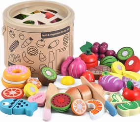 WHOHOLL Wooden Play Food for Kids Kitchen Playset, Play Kitchen Accessories Pretend Cutting Food Montessori Toys for 3  Year Old with Basket, Toy Food for Fine Motor Skills