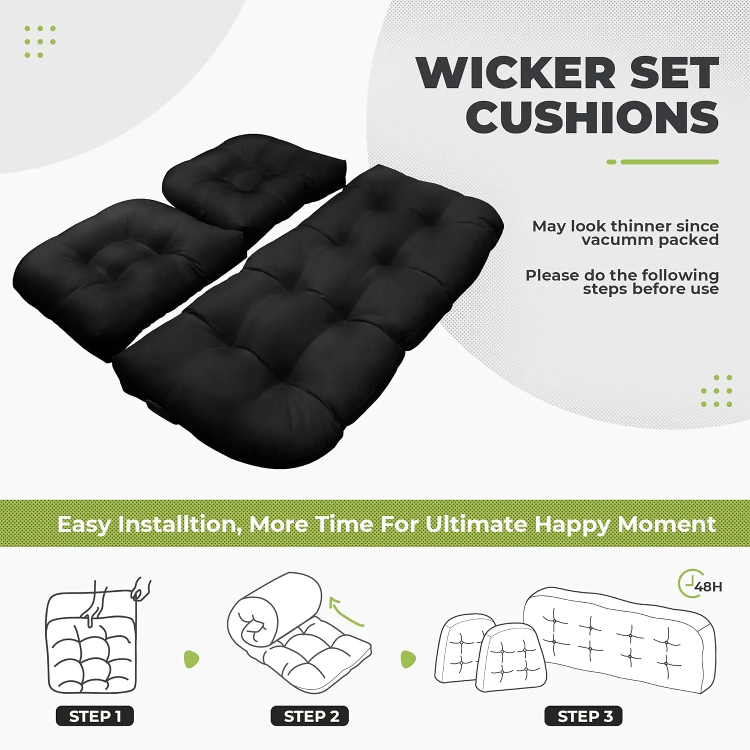 Wicker Chair Cushions, Waterproof Outdoor Loveseat Cushions for Patio Furniture, 3 Pieces Wicker Furniture Cushions, 1 Loveseat and 2 U-Shaped Cushions, Black