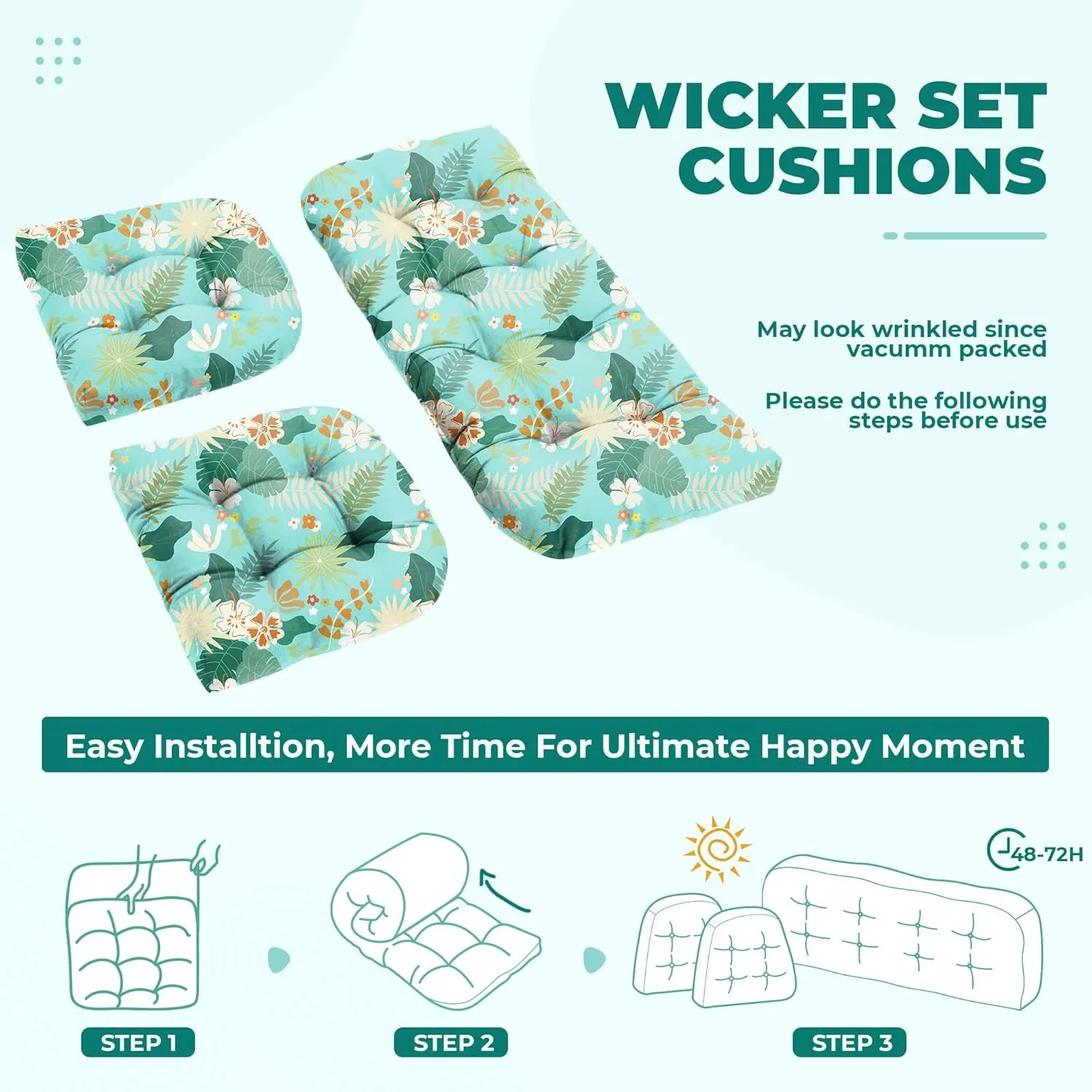 Wicker Chair Cushions, Waterproof Outdoor Loveseat Cushions for Patio Furniture, Tufted Wicker Furniture Cushions, 1 Loveseat and 2 U-Shaped Cushions (Cyan Flower)