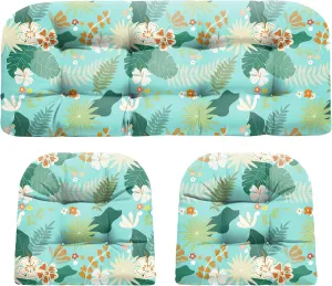 Wicker Chair Cushions, Waterproof Outdoor Loveseat Cushions for Patio Furniture, Tufted Wicker Furniture Cushions, 1 Loveseat and 2 U-Shaped Cushions (Cyan Flower)