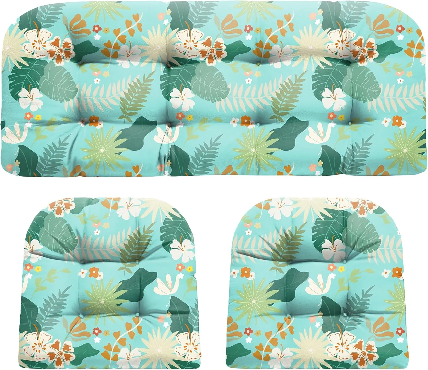 Wicker Chair Cushions, Waterproof Outdoor Loveseat Cushions for Patio Furniture, Tufted Wicker Furniture Cushions, 1 Loveseat and 2 U-Shaped Cushions (Cyan Flower)