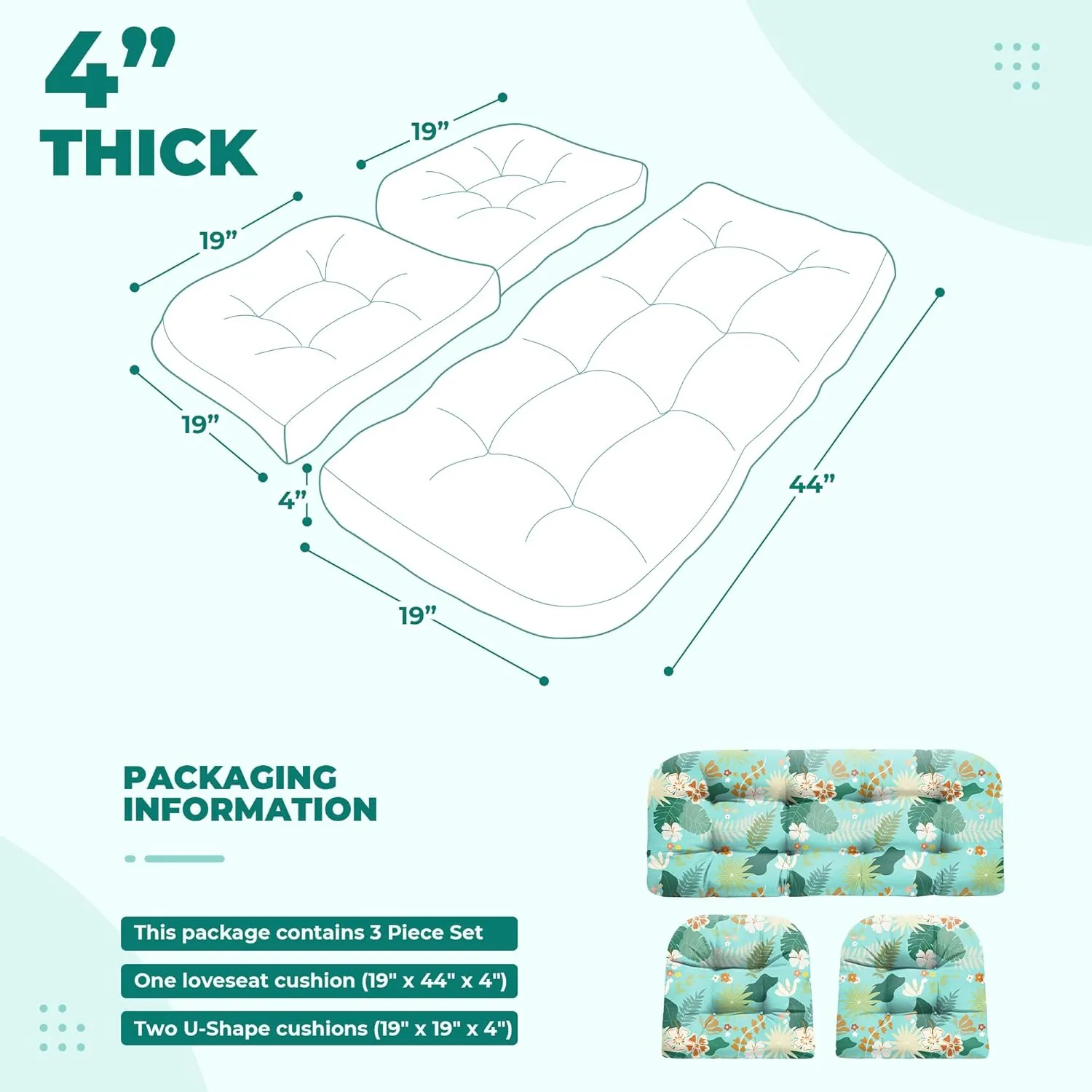 Wicker Chair Cushions, Waterproof Outdoor Loveseat Cushions for Patio Furniture, Tufted Wicker Furniture Cushions, 1 Loveseat and 2 U-Shaped Cushions (Cyan Flower)