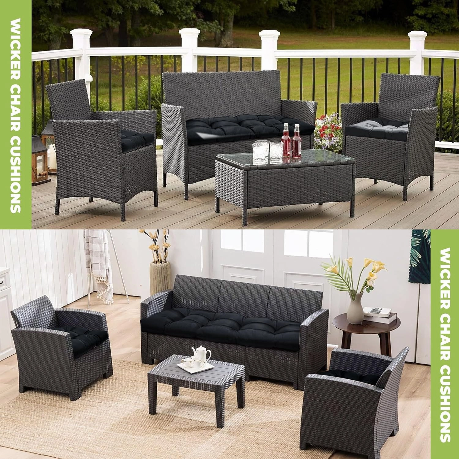 Wicker Chair Cushions, Waterproof Outdoor Loveseat Cushions for Patio Furniture, 3 Pieces Wicker Furniture Cushions, 1 Loveseat and 2 U-Shaped Cushions, Black