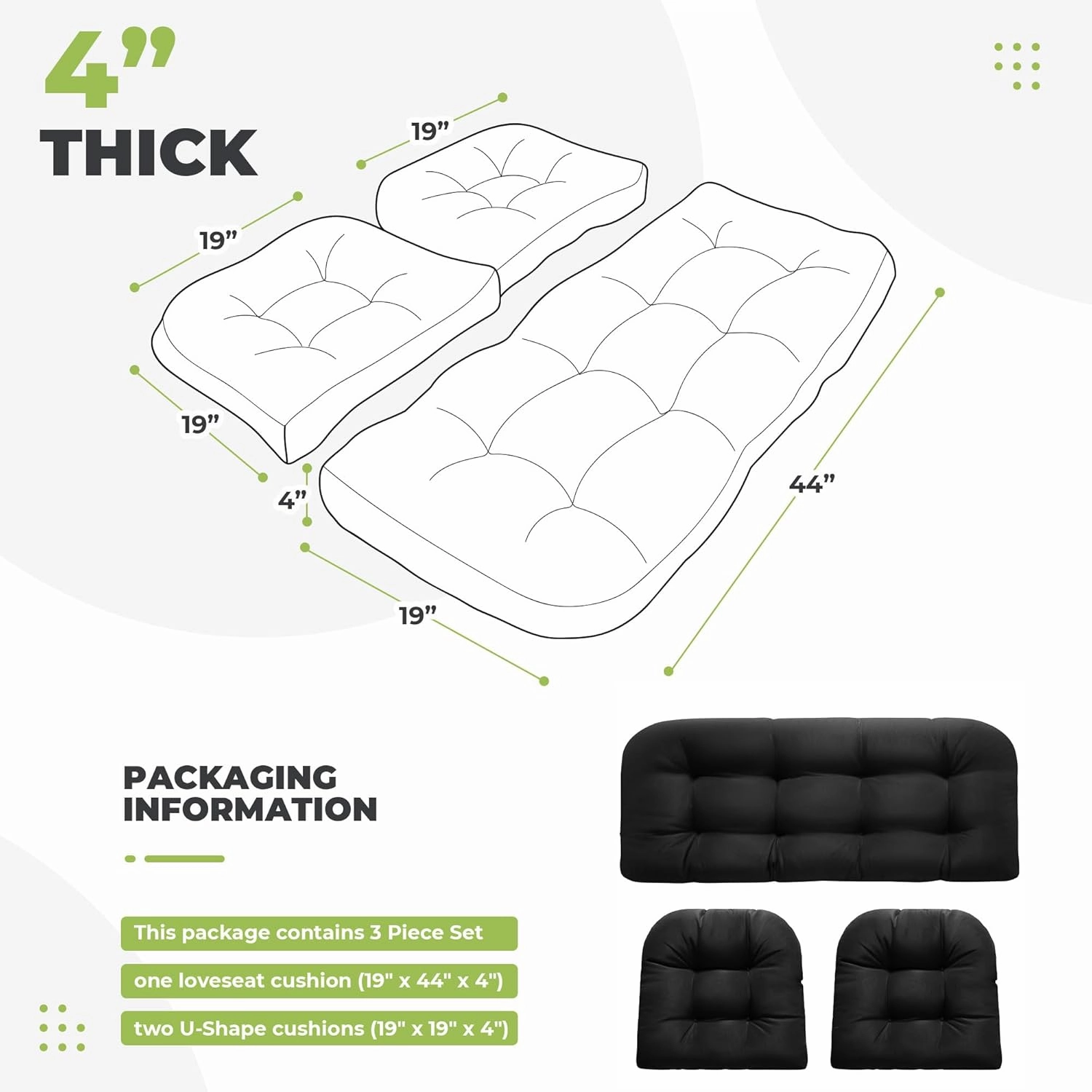 Wicker Chair Cushions, Waterproof Outdoor Loveseat Cushions for Patio Furniture, 3 Pieces Wicker Furniture Cushions, 1 Loveseat and 2 U-Shaped Cushions, Black