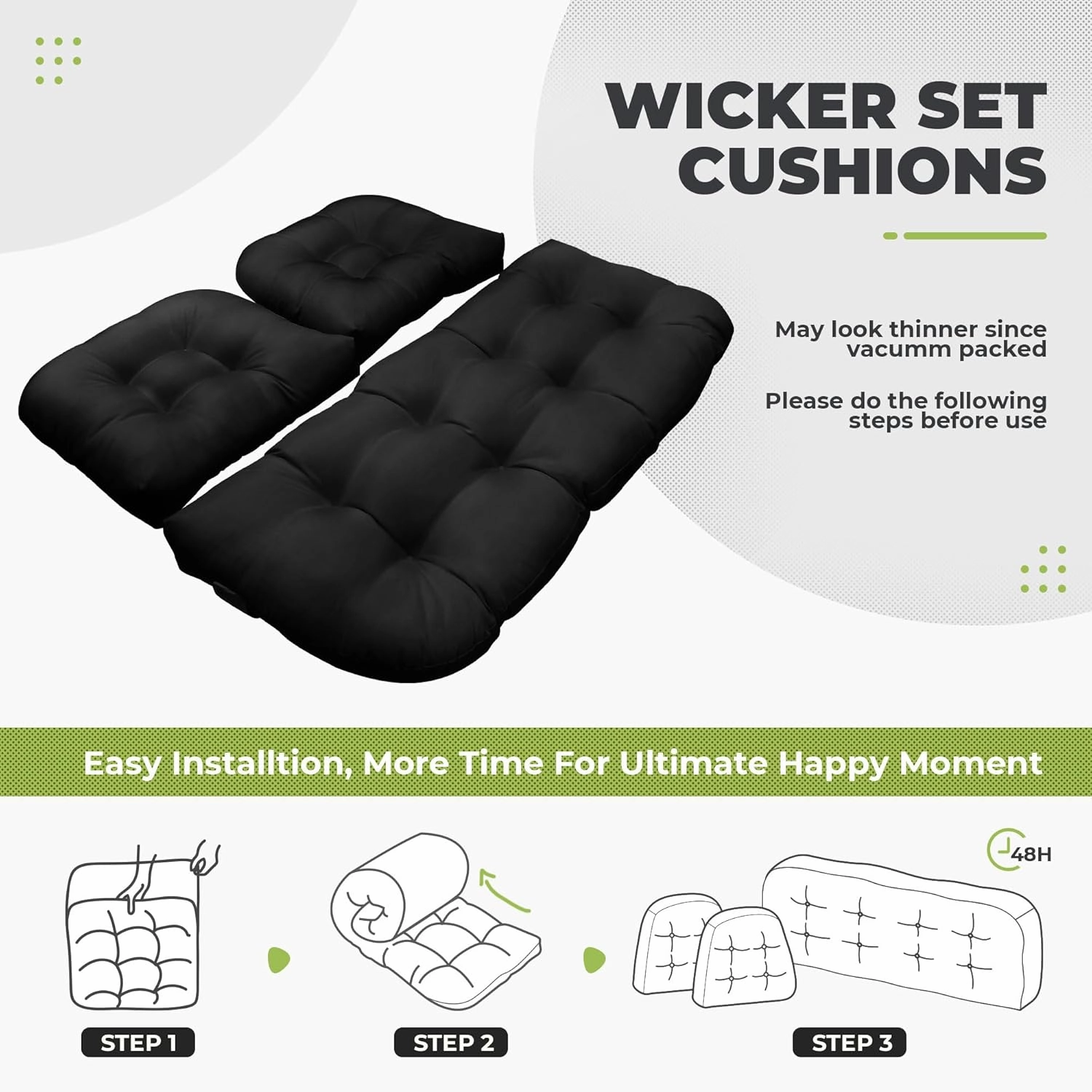 Wicker Chair Cushions, Waterproof Outdoor Loveseat Cushions for Patio Furniture, 3 Pieces Wicker Furniture Cushions, 1 Loveseat and 2 U-Shaped Cushions, Black
