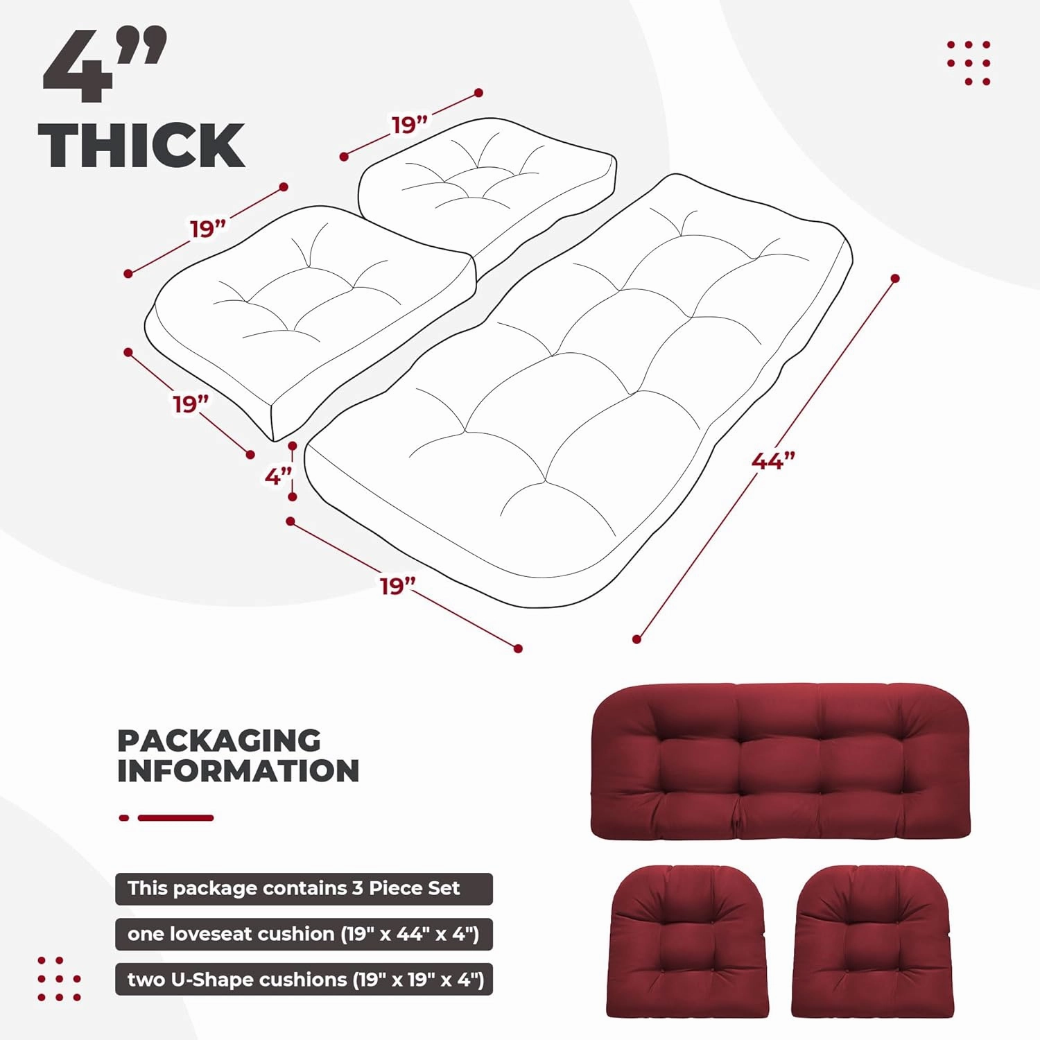 Wicker Chair Cushions, Waterproof Outdoor Loveseat Cushions for Patio Furniture, Tufted Wicker Furniture Cushions, 1 Loveseat and 2 U-Shaped Cushions, Red