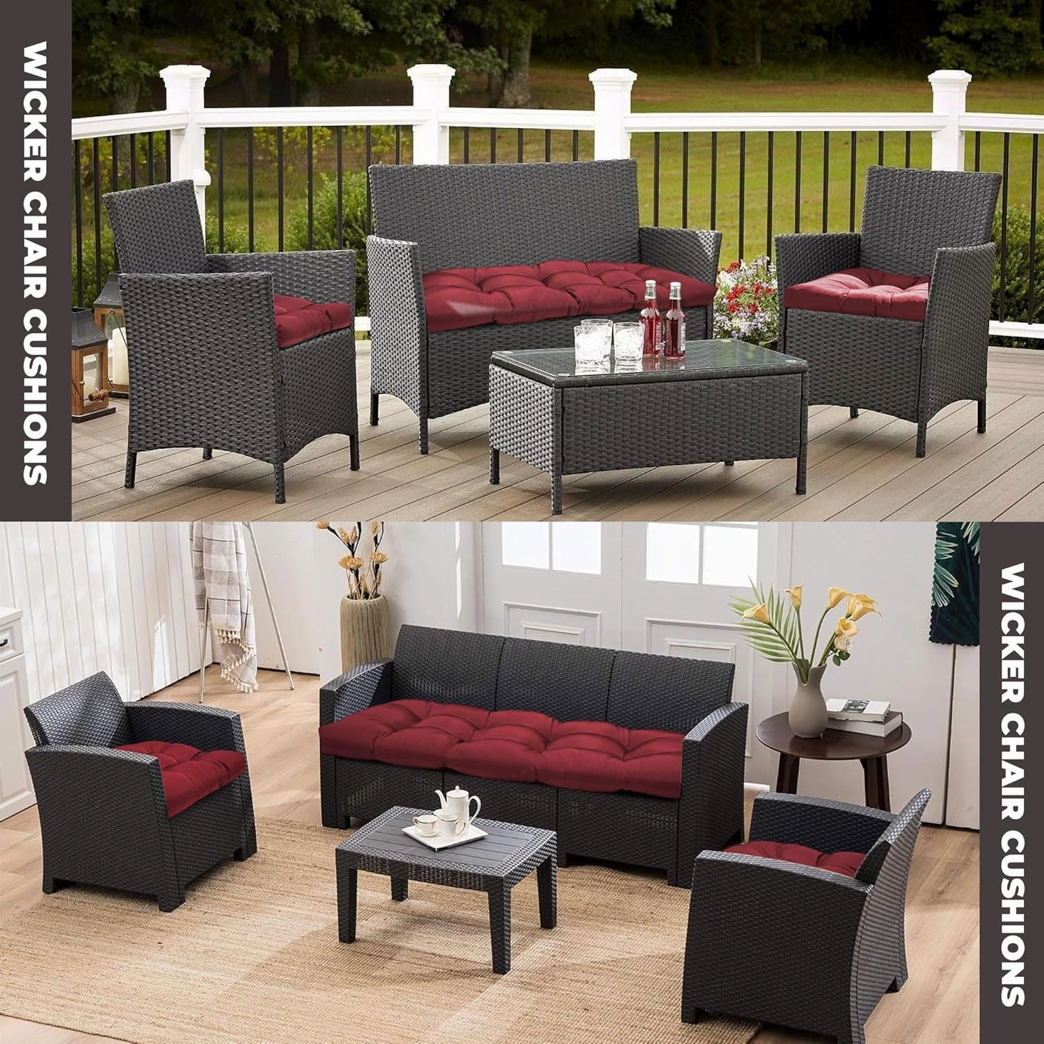 Wicker Chair Cushions, Waterproof Outdoor Loveseat Cushions for Patio Furniture, Tufted Wicker Furniture Cushions, 1 Loveseat and 2 U-Shaped Cushions, Red