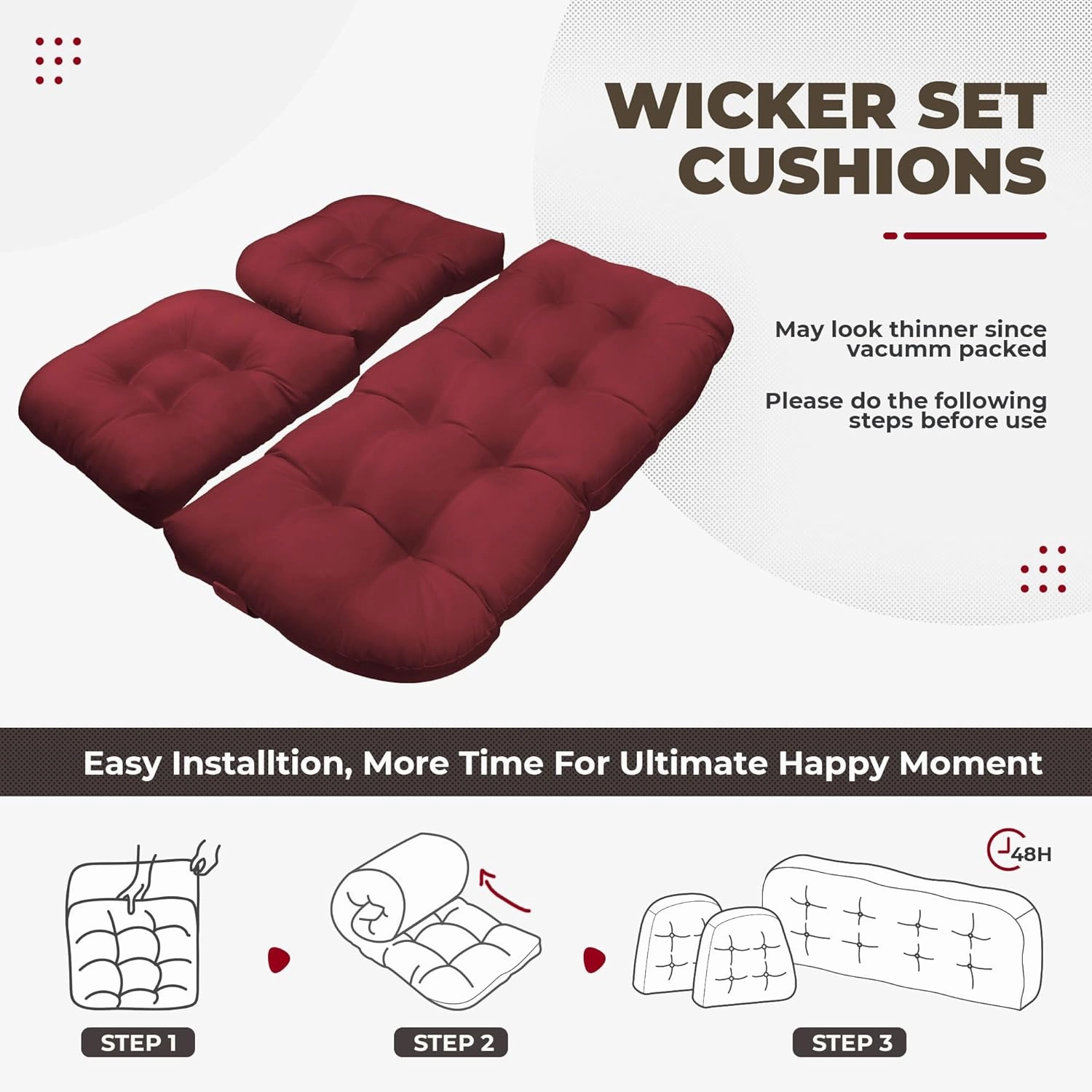 Wicker Chair Cushions, Waterproof Outdoor Loveseat Cushions for Patio Furniture, Tufted Wicker Furniture Cushions, 1 Loveseat and 2 U-Shaped Cushions, Red