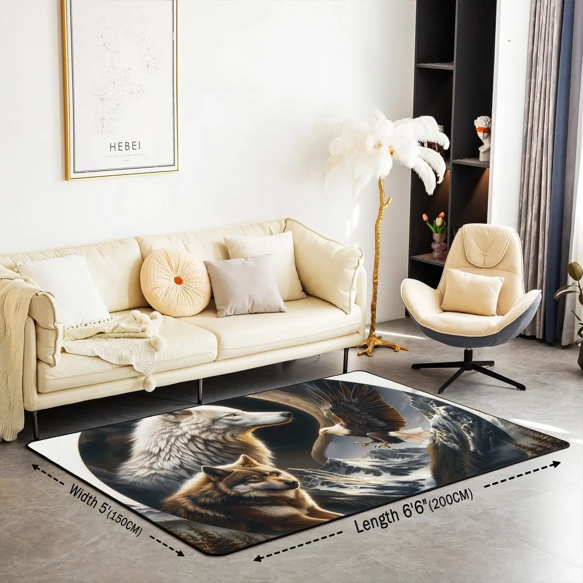Wild Wolf Eagle Rug 5x6'6'',Jungle Wildlife Animal Rustic Non Slip Decorative Indoor Mat Rug,3D Print Tai Chi Natural Mount Pine Trees Shedding Rug for Playroom Bedside for Adults Kids