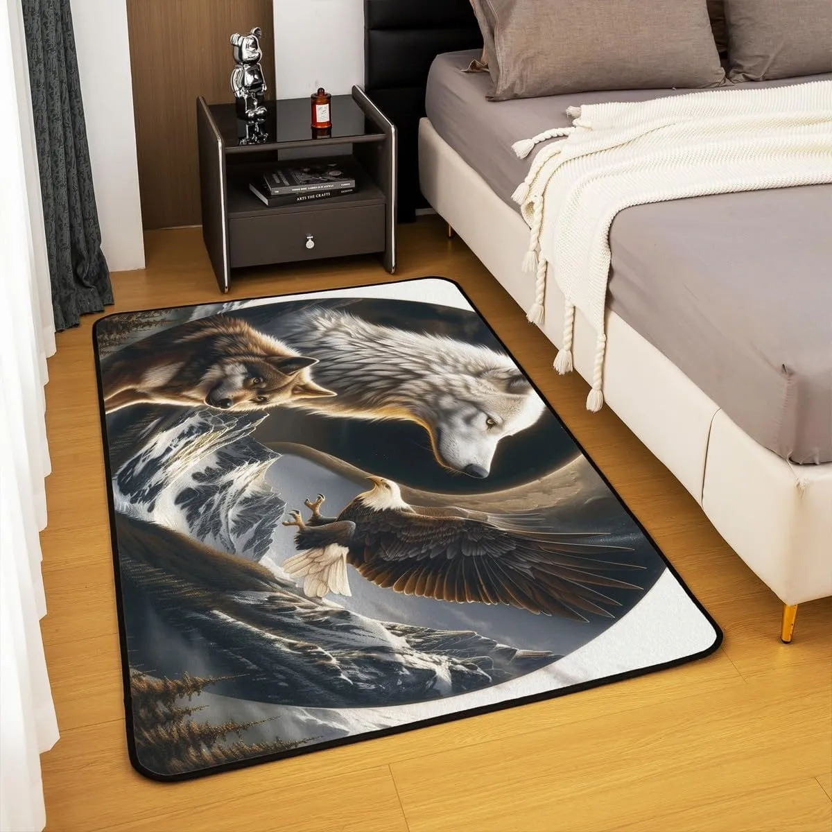 Wild Wolf Eagle Rug 5x6'6'',Jungle Wildlife Animal Rustic Non Slip Decorative Indoor Mat Rug,3D Print Tai Chi Natural Mount Pine Trees Shedding Rug for Playroom Bedside for Adults Kids