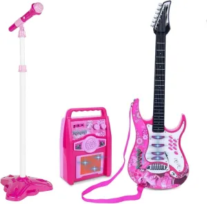 Willbebest Kids Karaoke Microphone Guitar Musical Set Kids Electric Guitar Microphone Amplifier Set Karaoke Machine Musical Instruments Toy Electric Guitar with Microphone for Boys and Girls (Pink)