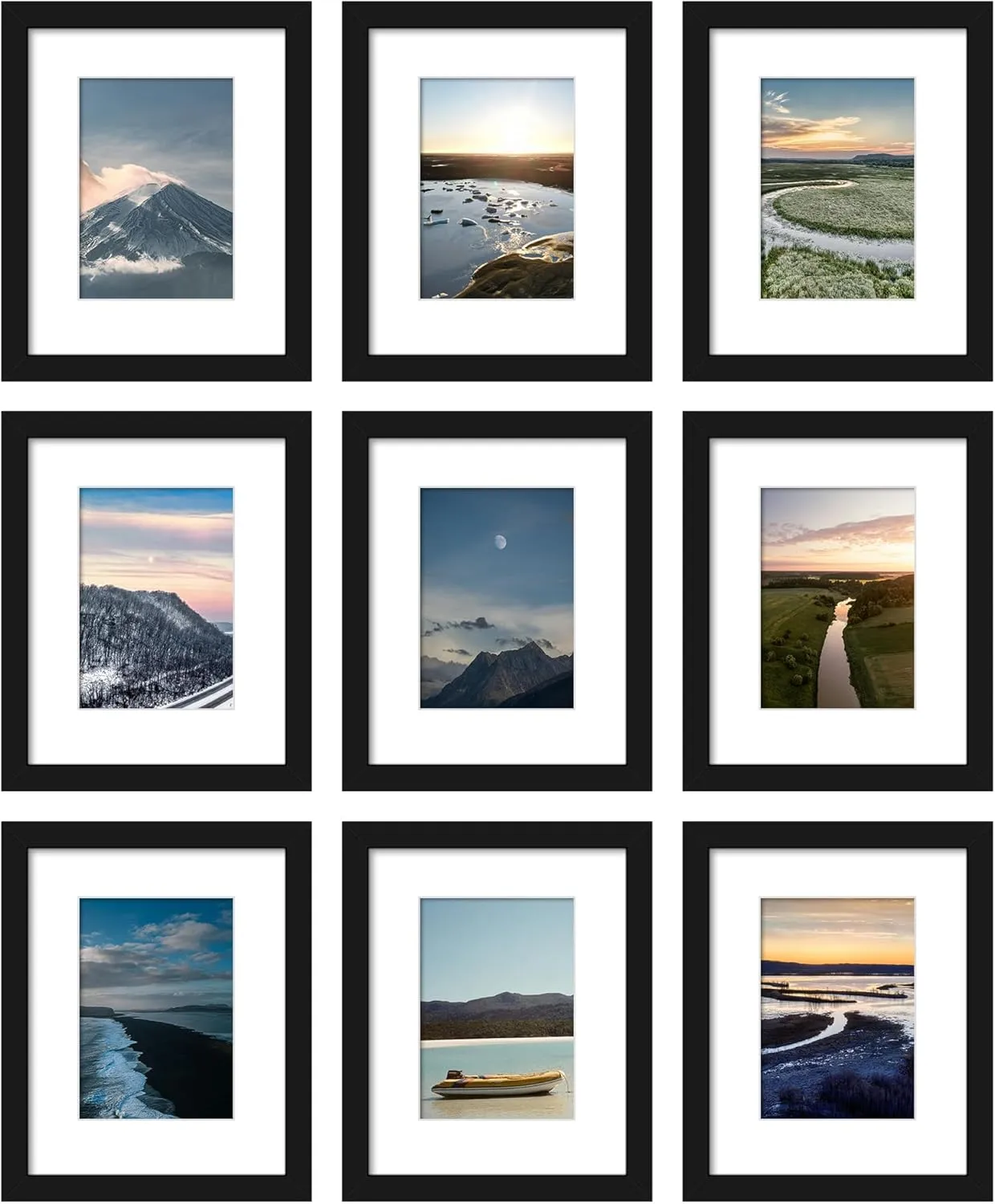 Wiscet 8x10 Picture Frame Set of 9, Display Pictures 5x7 with Mat or 8 x 10 Without Mat, Photo Frame for Wall Mounting or Tabletop, Black