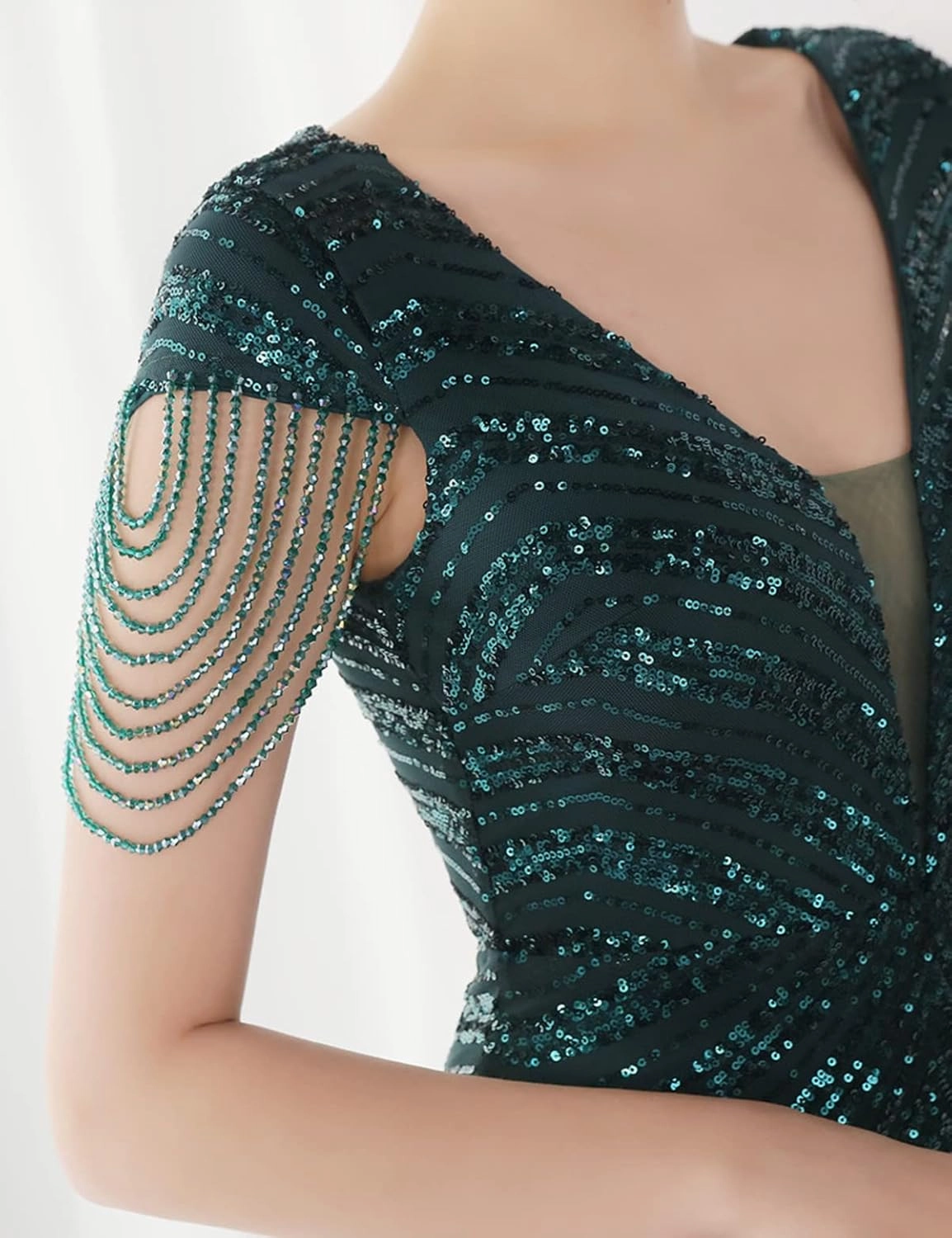 Women 1920s Plus Size Formal Dress Tassels Sleeve Sequins Gatsby Maxi Evening Gown