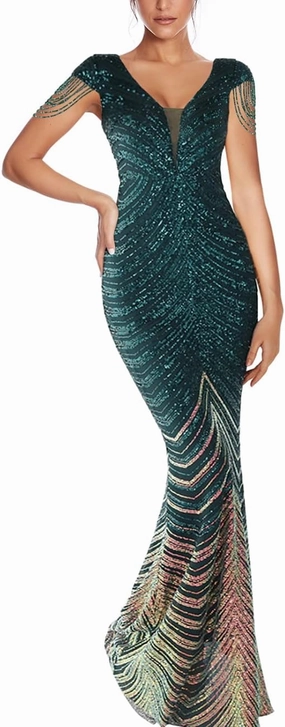 Women 1920s Plus Size Formal Dress Tassels Sleeve Sequins Gatsby Maxi Evening Gown