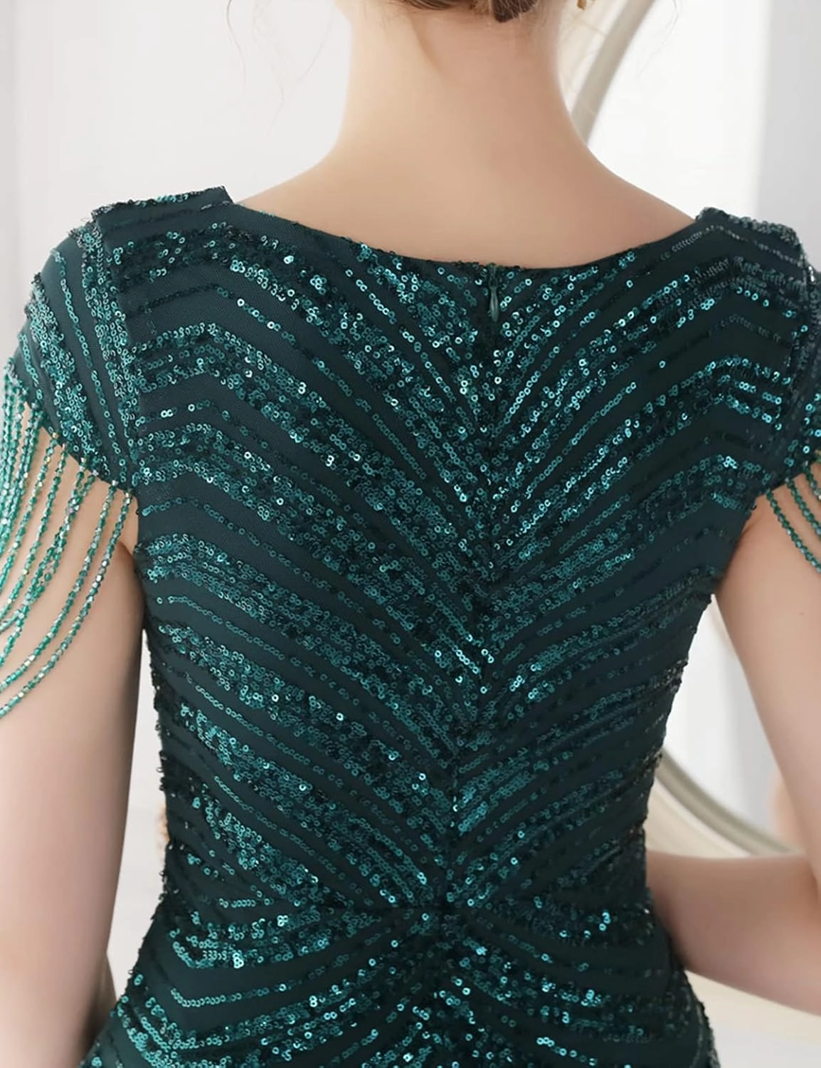Women 1920s Plus Size Formal Dress Tassels Sleeve Sequins Gatsby Maxi Evening Gown