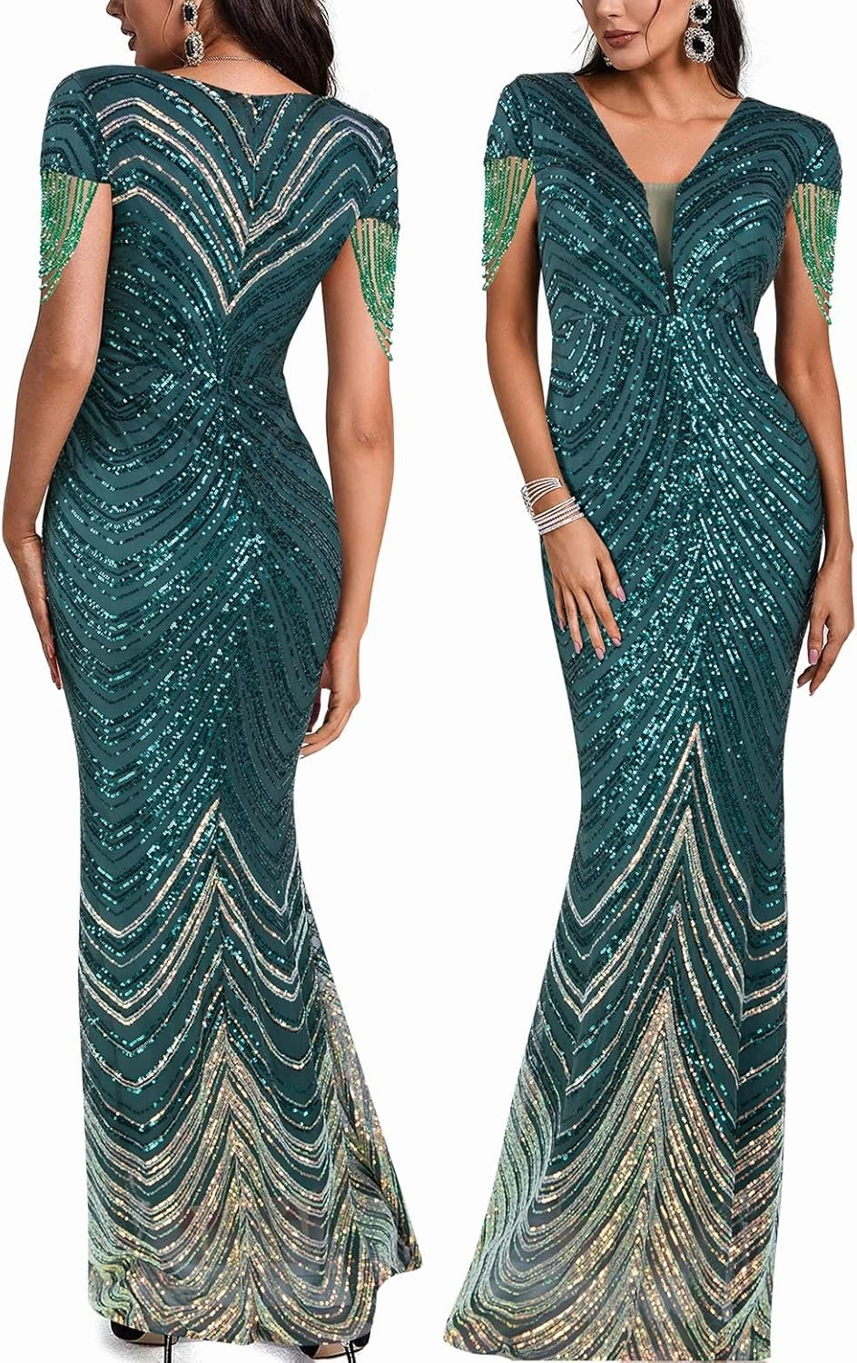 Women 1920s Plus Size Formal Dress Tassels Sleeve Sequins Gatsby Maxi Evening Gown