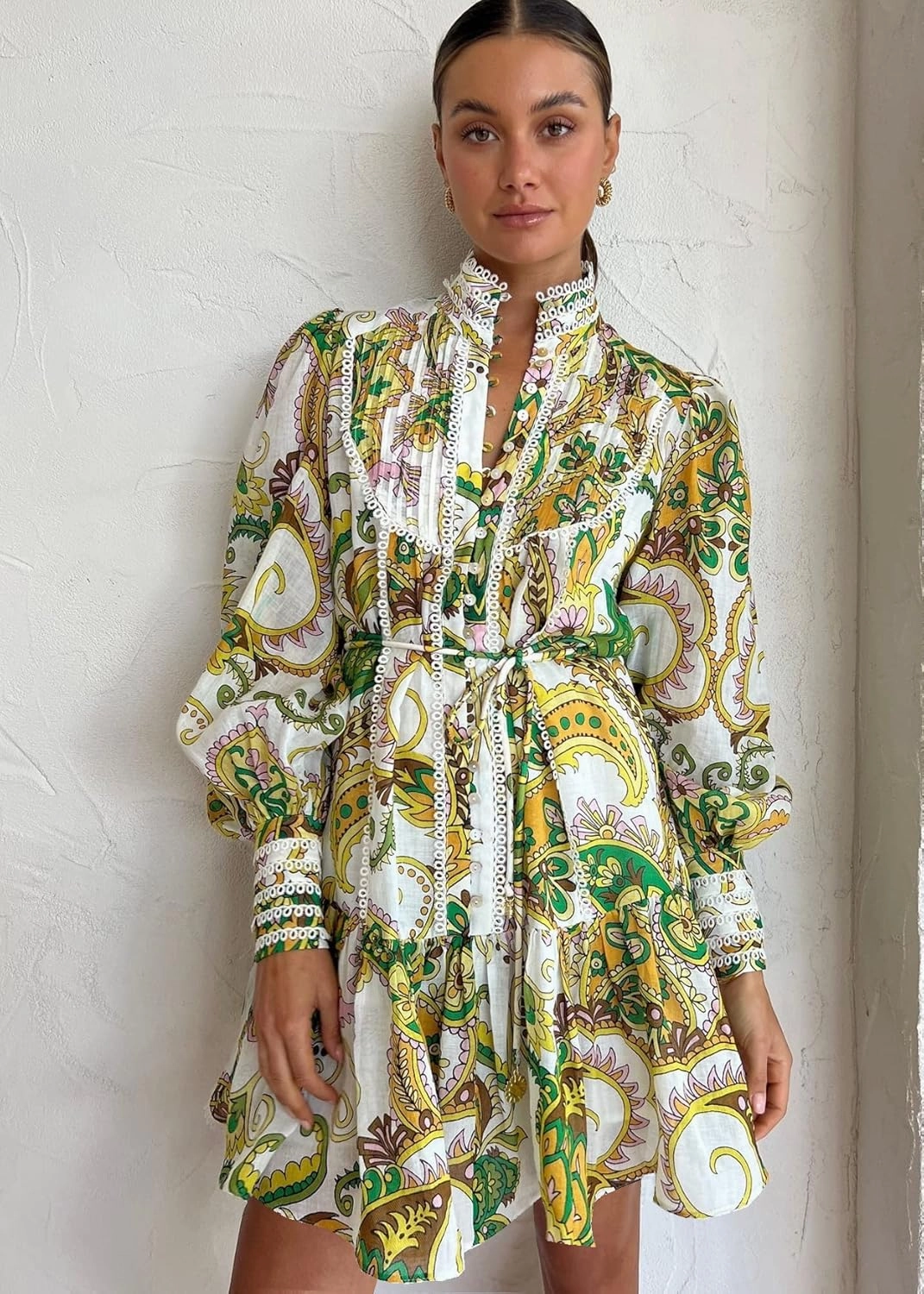 Women's Bohemian Floral Print Button Down Long Lantern Sleeve Shift Tunic Dress Casual Ruffle Swing Mini Dress