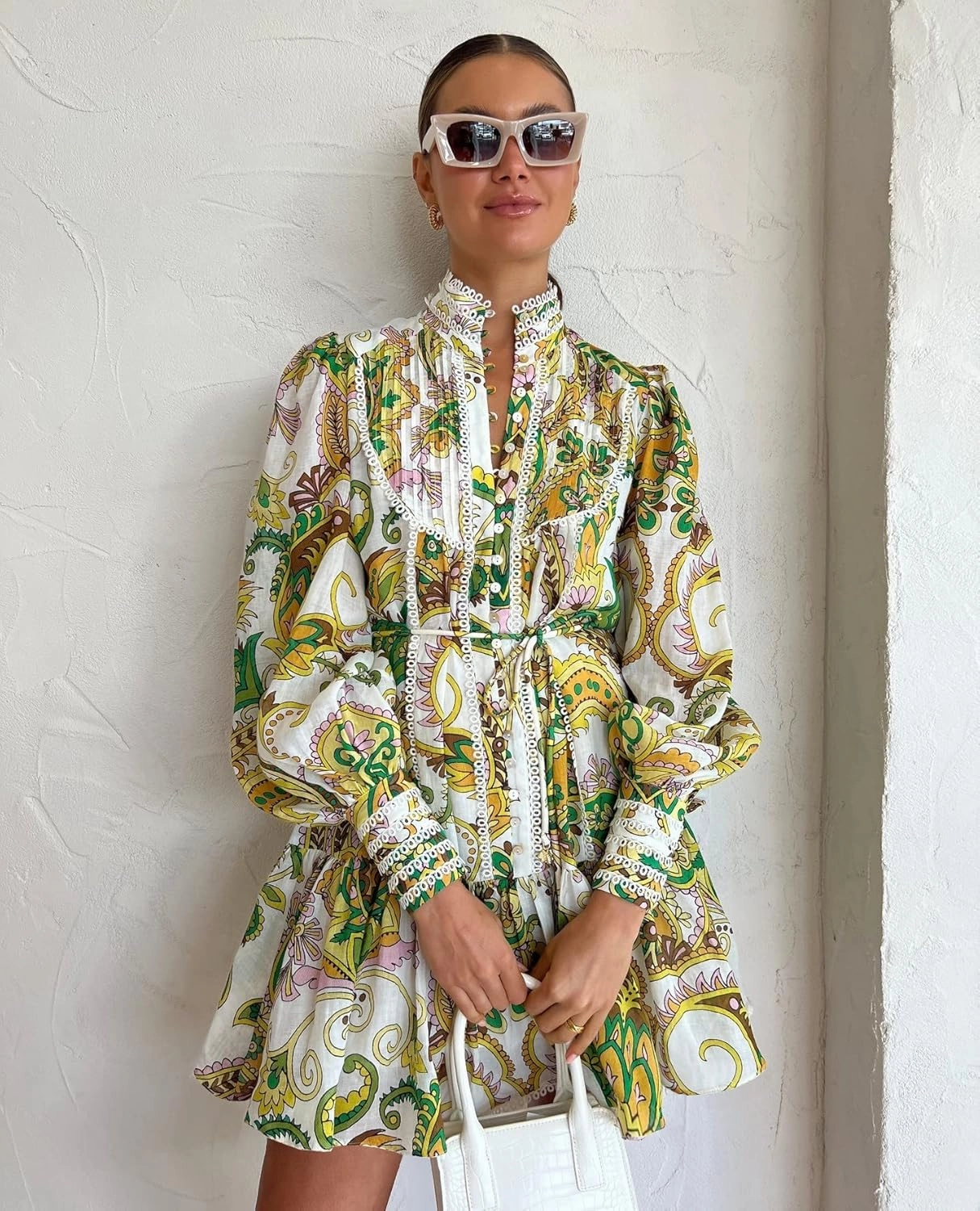 Women's Bohemian Floral Print Button Down Long Lantern Sleeve Shift Tunic Dress Casual Ruffle Swing Mini Dress