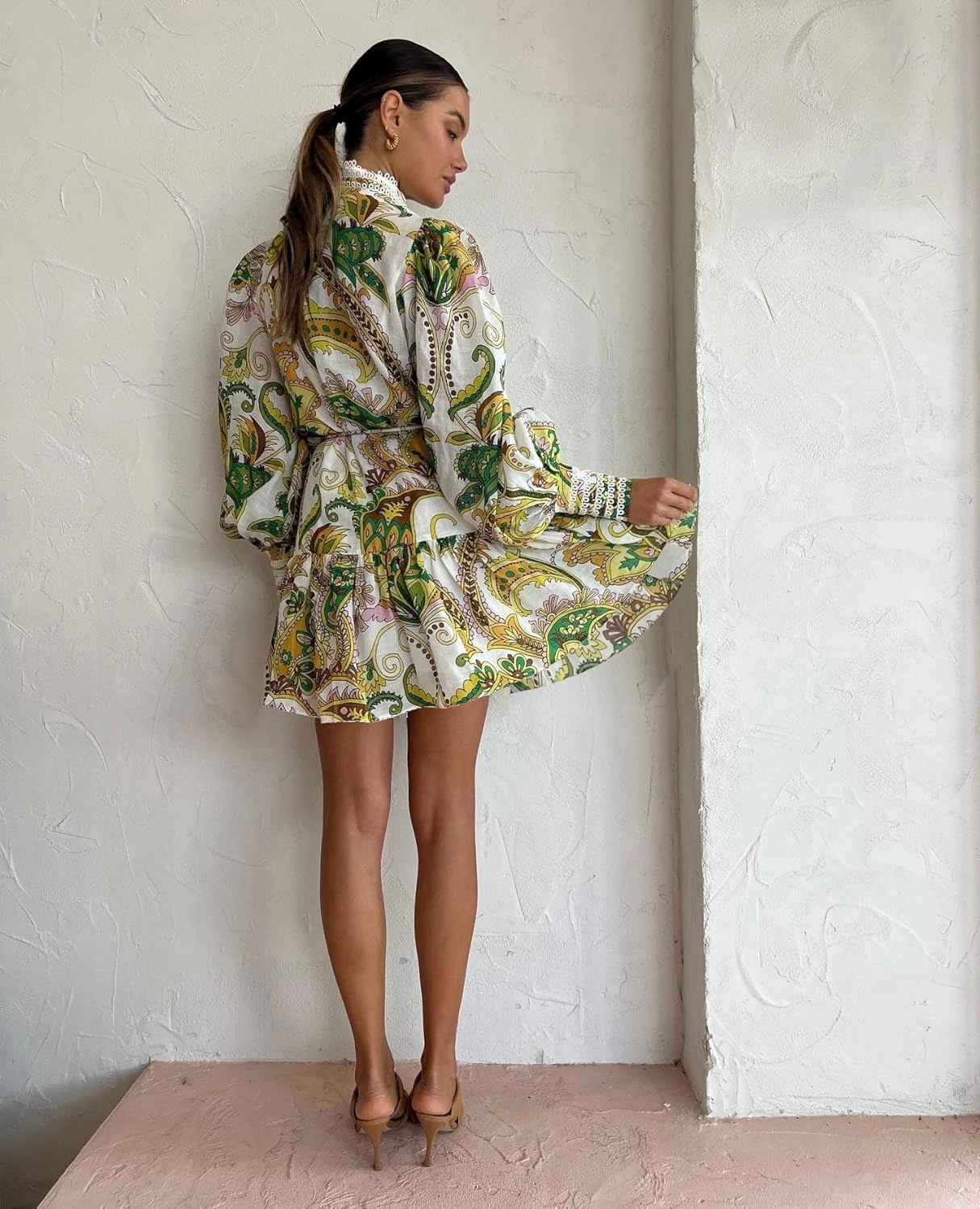 Women's Bohemian Floral Print Button Down Long Lantern Sleeve Shift Tunic Dress Casual Ruffle Swing Mini Dress