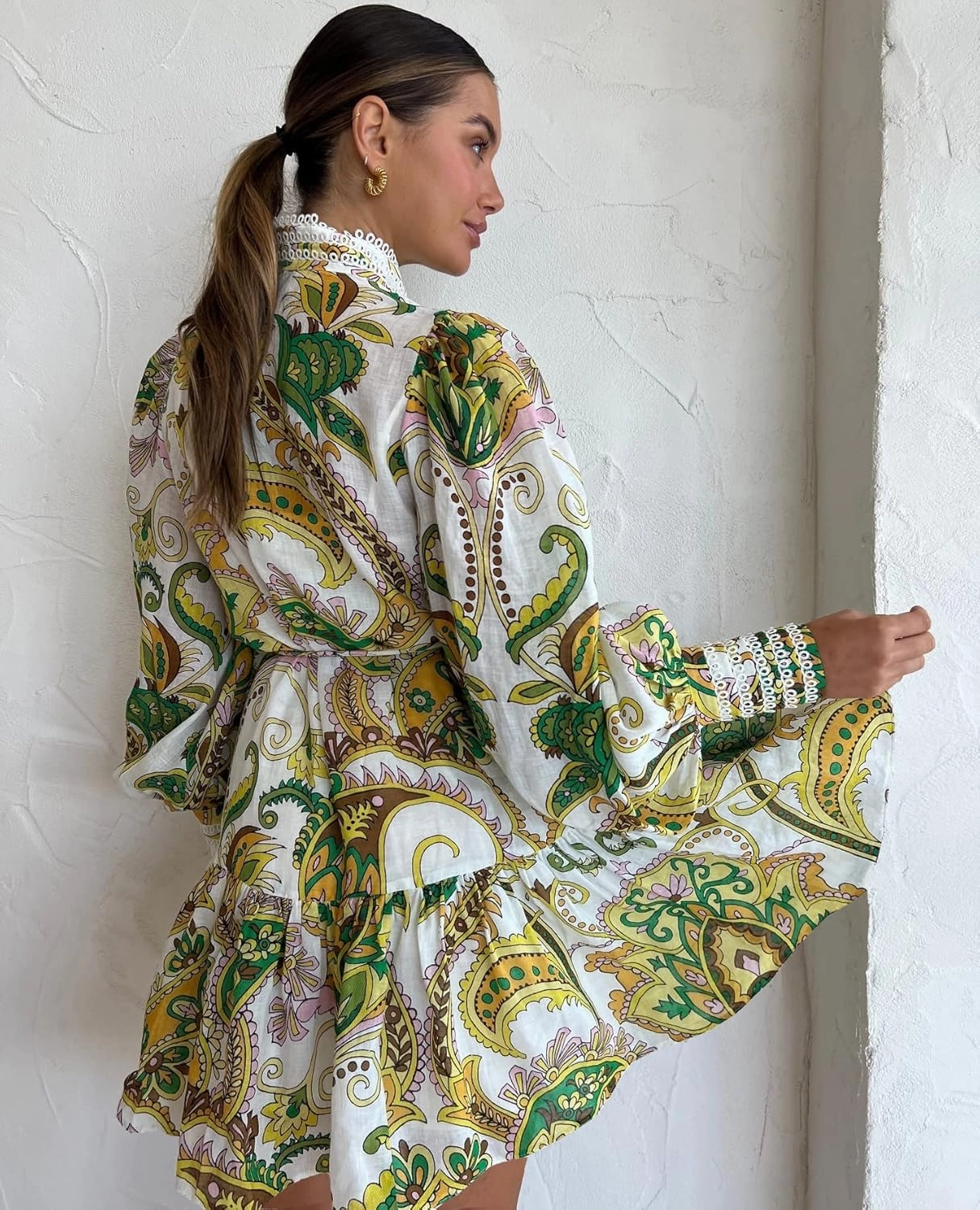 Women's Bohemian Floral Print Button Down Long Lantern Sleeve Shift Tunic Dress Casual Ruffle Swing Mini Dress