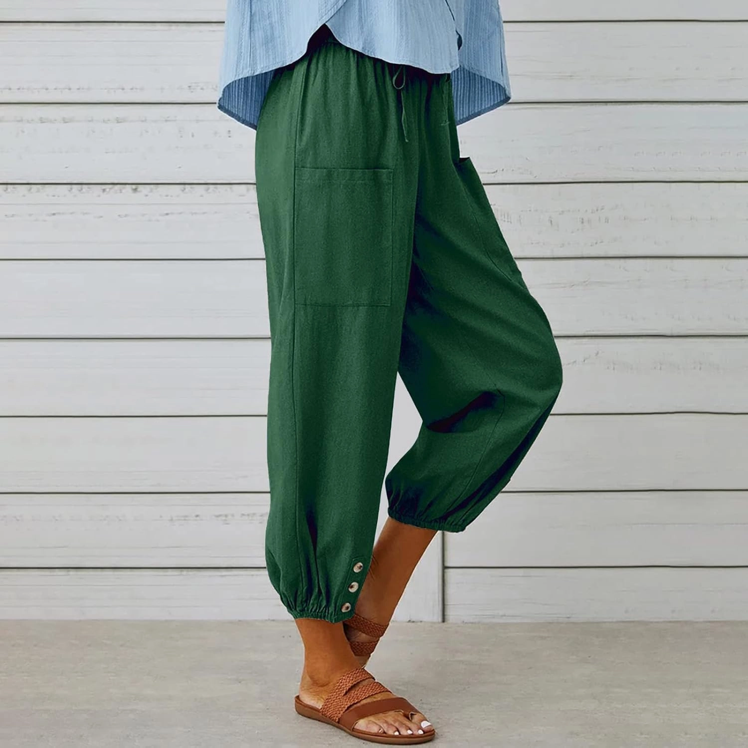 Women's Casual Lantern Tapered Harem Pants Loose Fit Style Flax Ankle Trousers Summer Baggy Slacks with Pocket
