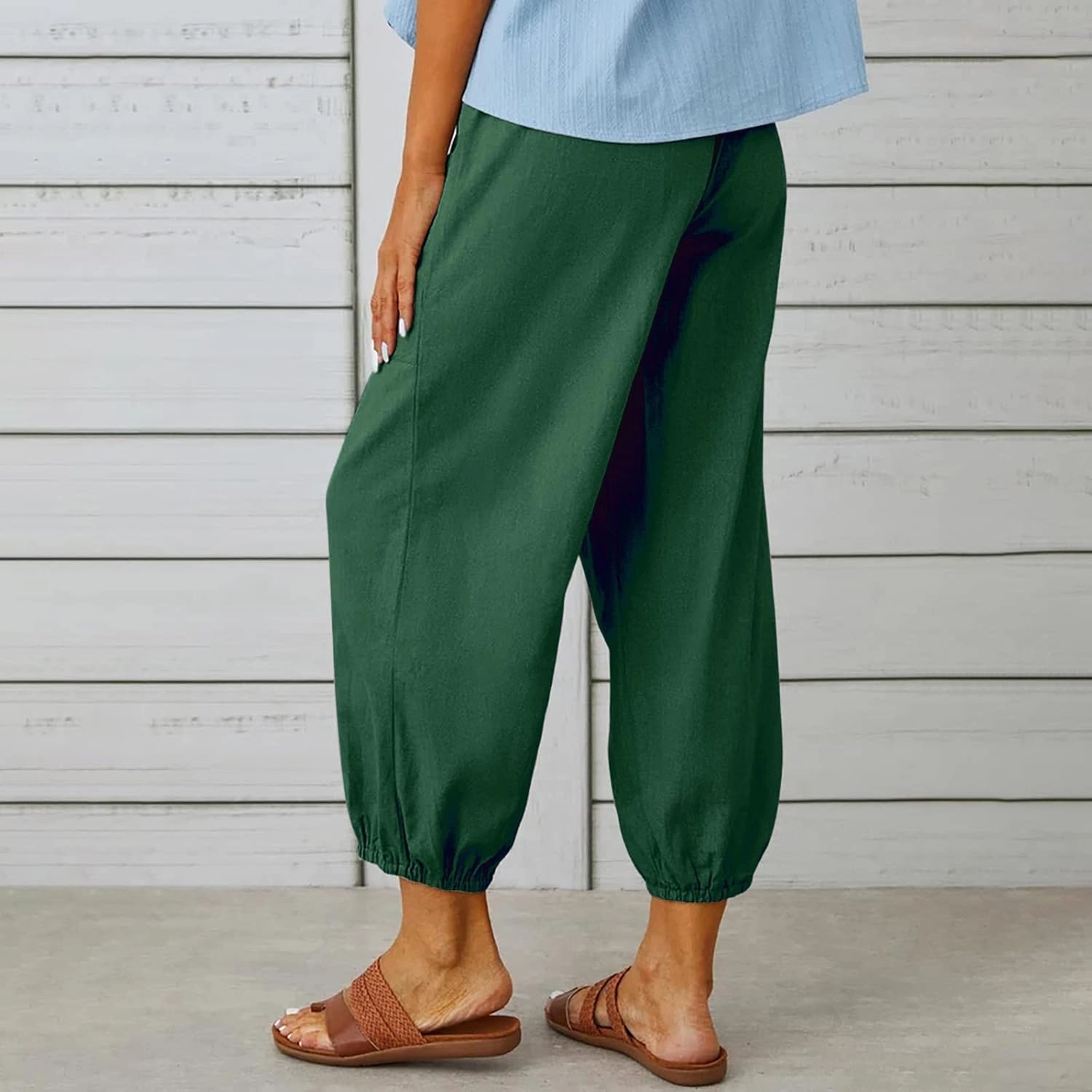 Women's Casual Lantern Tapered Harem Pants Loose Fit Style Flax Ankle Trousers Summer Baggy Slacks with Pocket