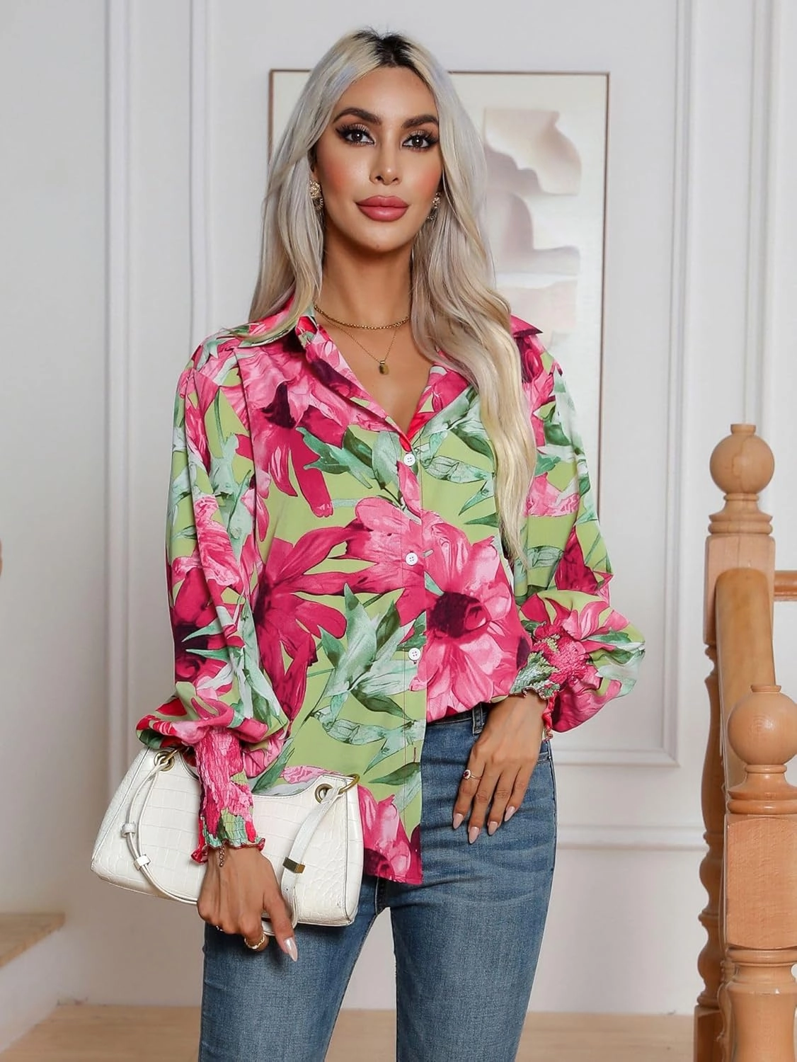 Women's Floral Print Blouse Long Sleeve Button Down Shirts Casual Dressy Blouse Shirts Tops