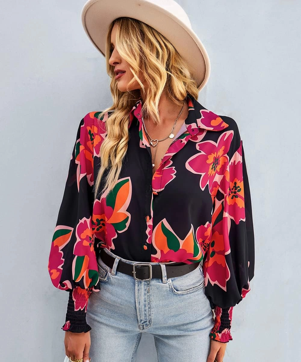 Women's Floral Print Blouse Long Sleeve Button Down Shirts Casual Dressy Blouse Shirts Tops